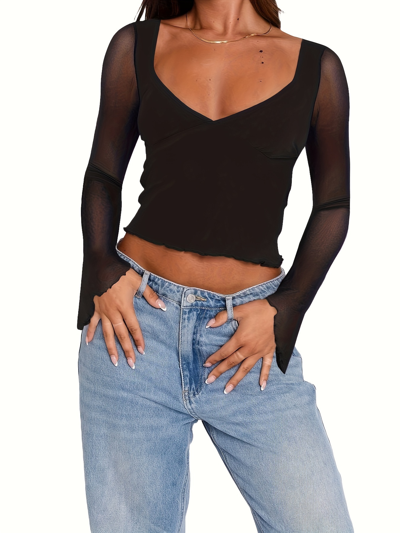 White Sheer Cover Shirt See Contrast Mesh V Neck Tie Front - Temu