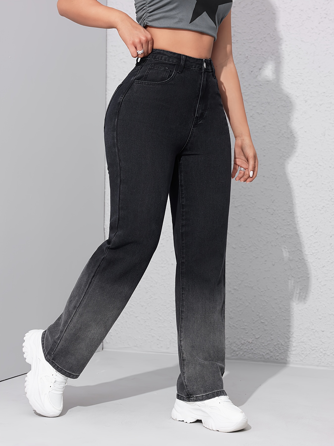 Ombre Black High Rise Jeans Slash Pocket Casual Unique Wide - Temu