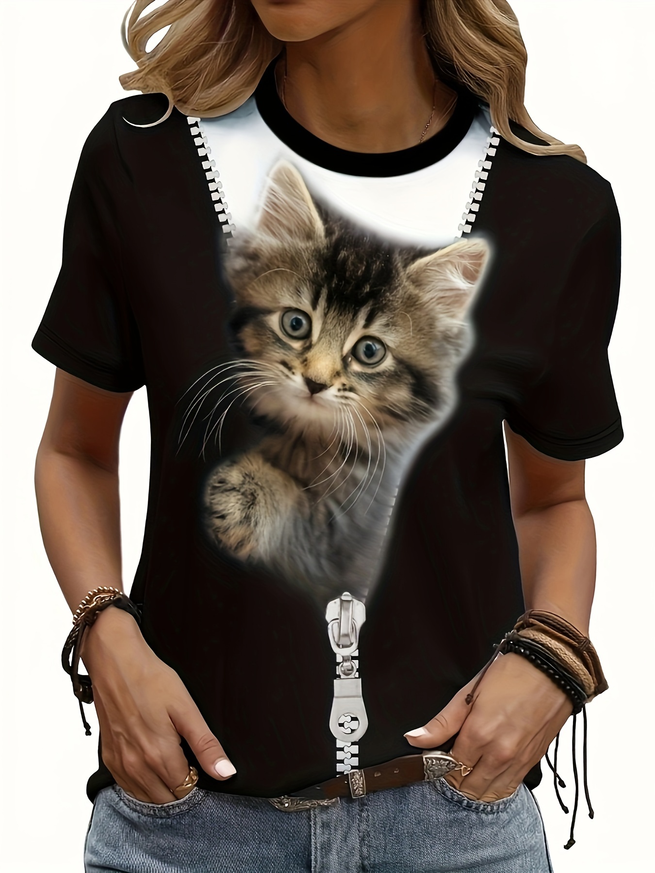 cute cat print crew neck t shirt casual short sleeve t shirt