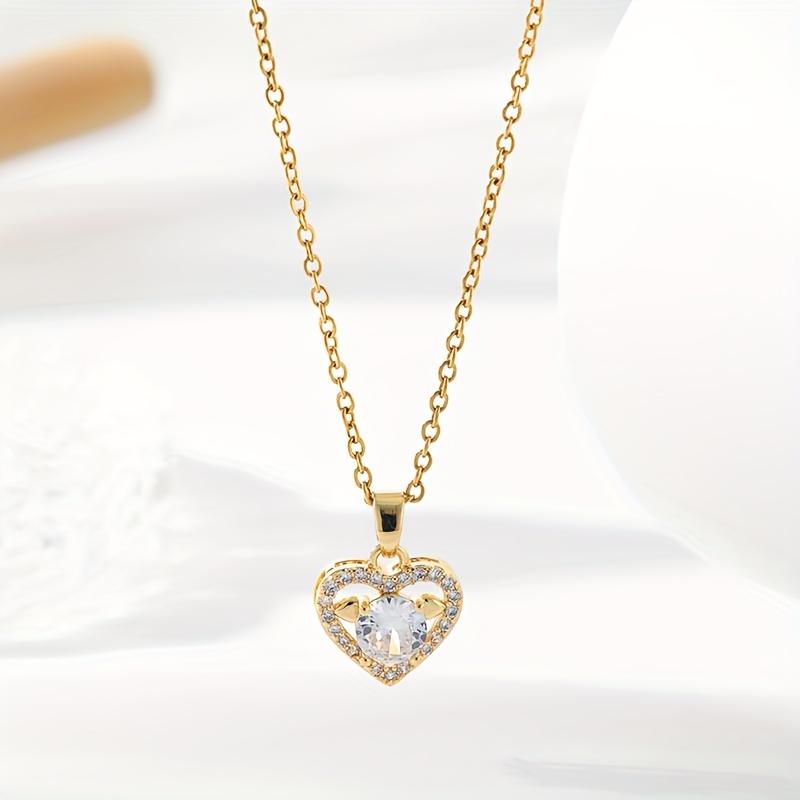 Simple Jewelry Set Heart Shaped Zircon Charm Necklace Stud - Temu