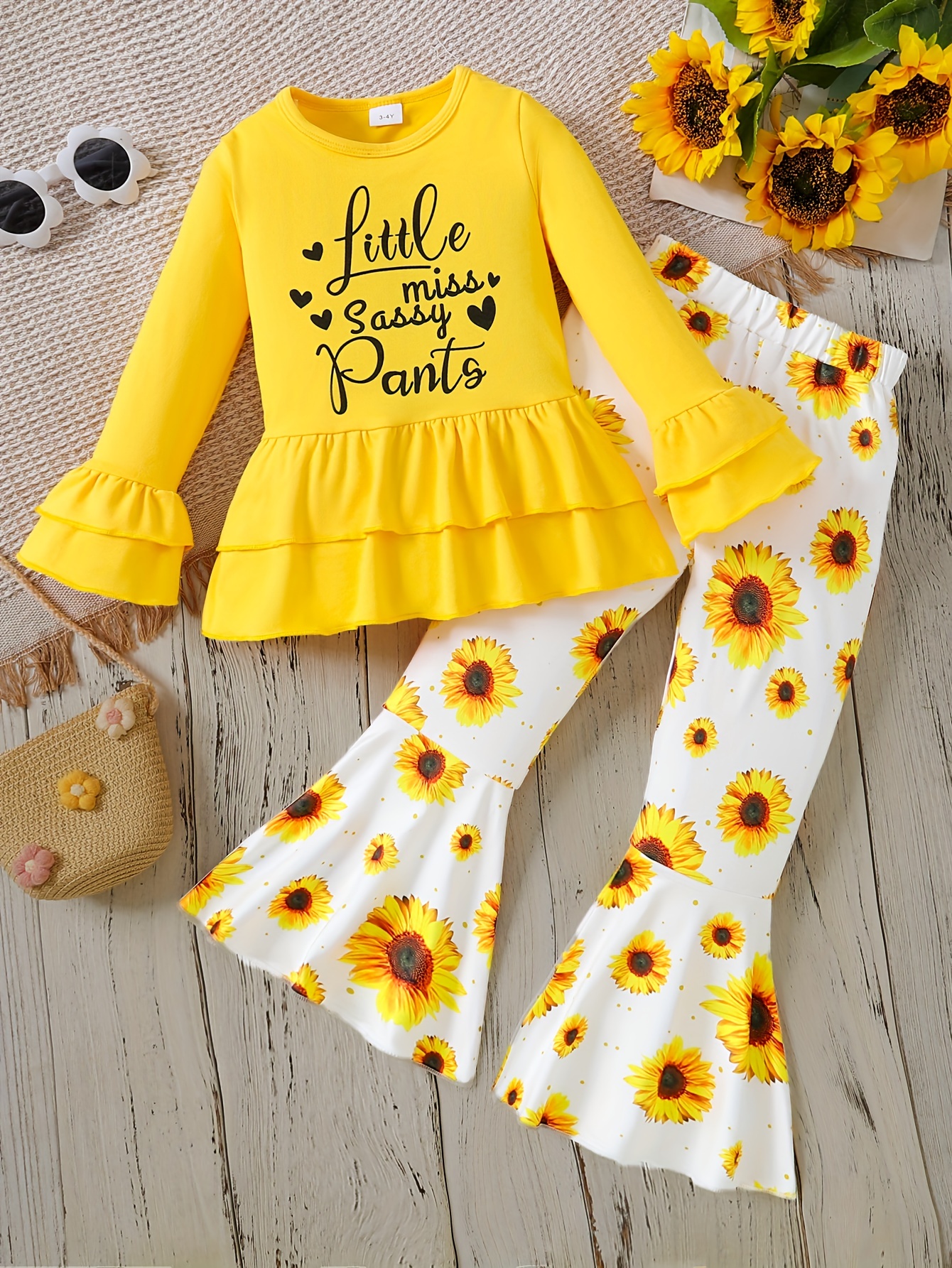 Girl's Cartoon Sunflower Pattern Long Sleeve Top Flared - Temu Canada