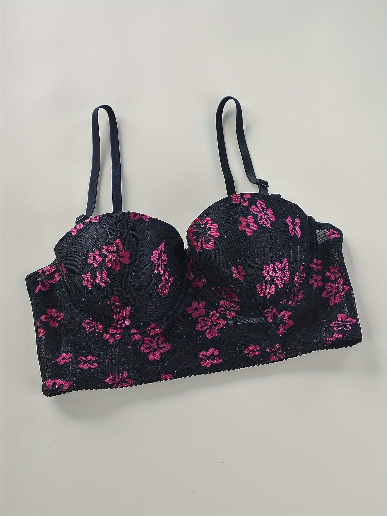 Floral Print Push Up Bra, Sweet & Cute High Support Beach Crop Top Bra,  Women's Lingerie & Underwear