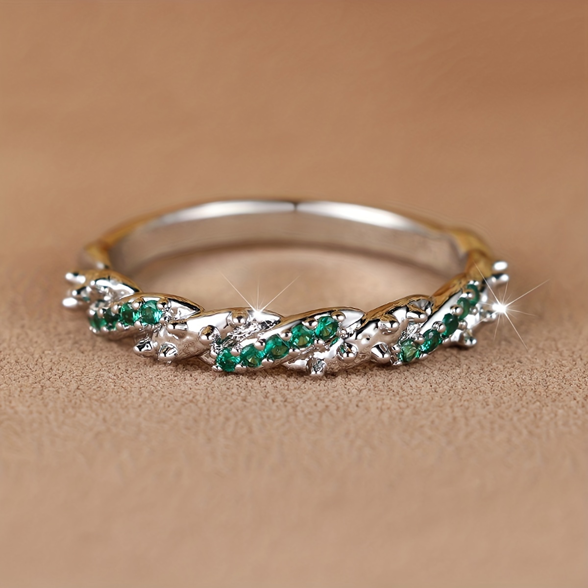 Intertwined Ring Inlaid with Shining Green Zircons, Boho Style