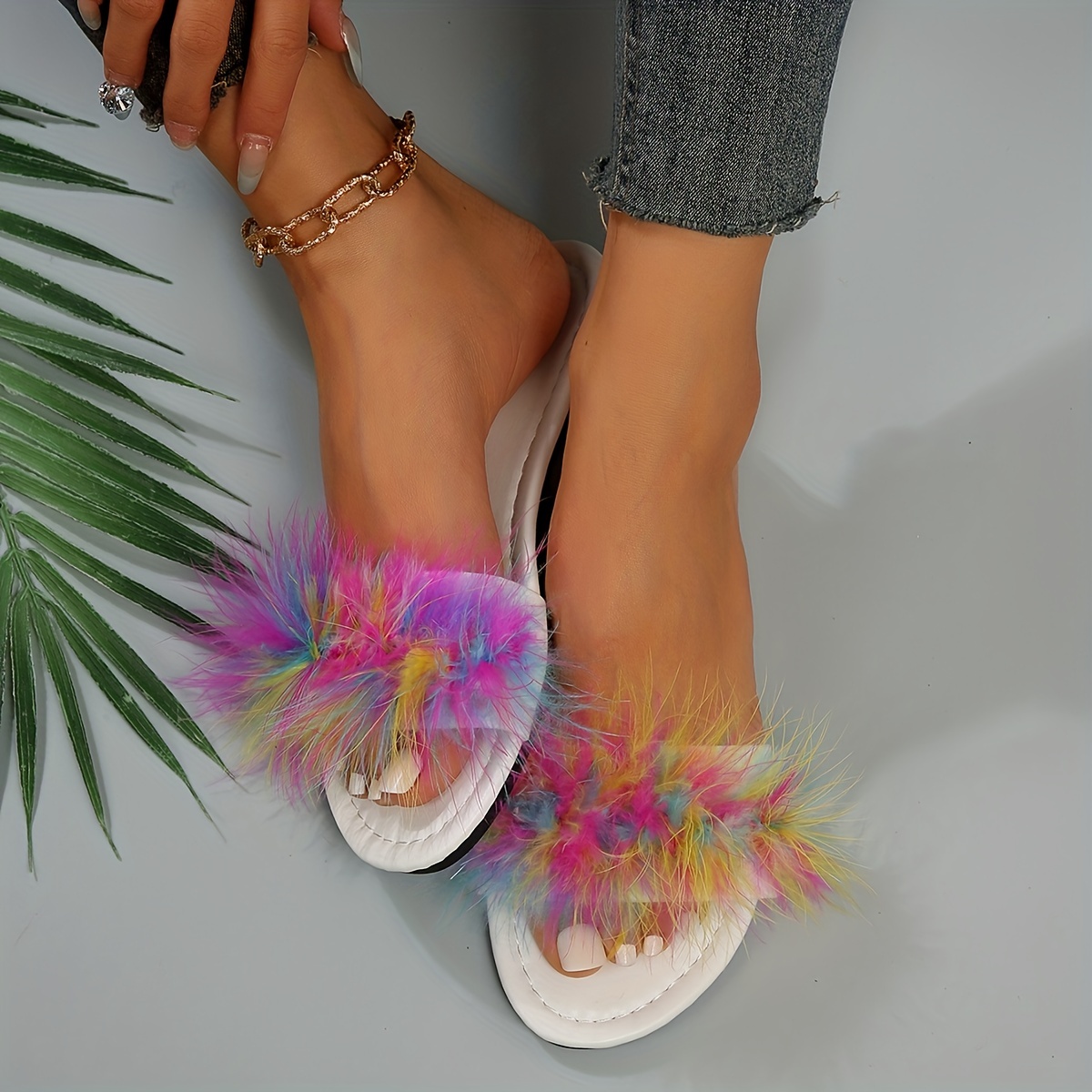 Women's Solid Color Slide Sandals, Casual Faux Fur Decor Flat Summer Shoes,  Lightweight Slide Sandals - Temu United Arab Emirates