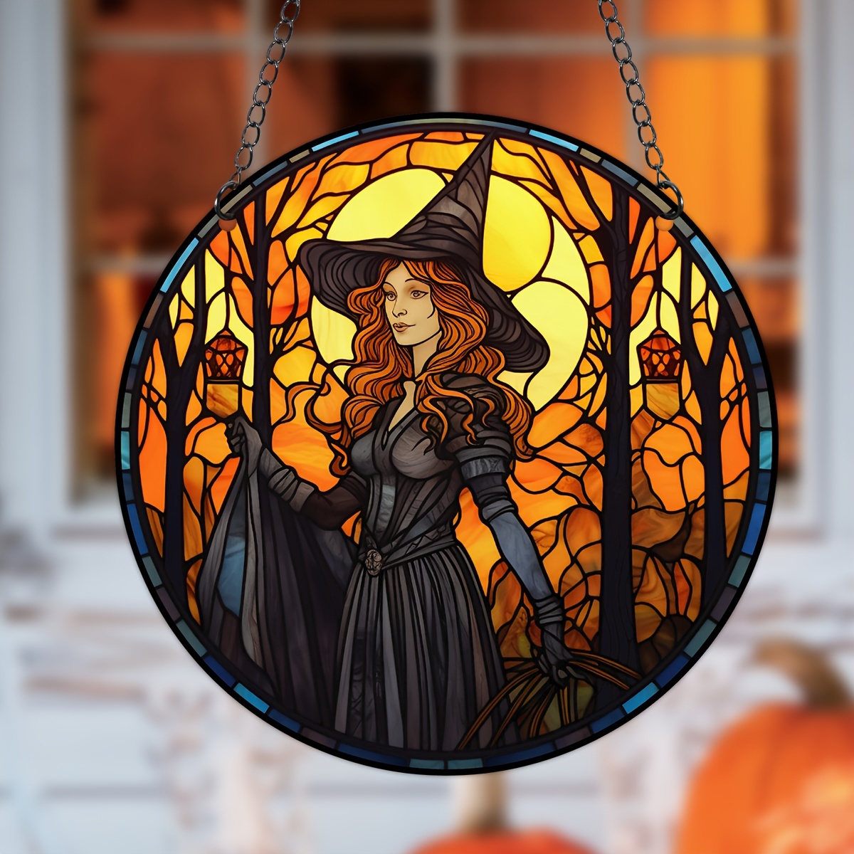 Girl Wearing A Hat Halloween Suncatcher Wreath Sign,stained Glass