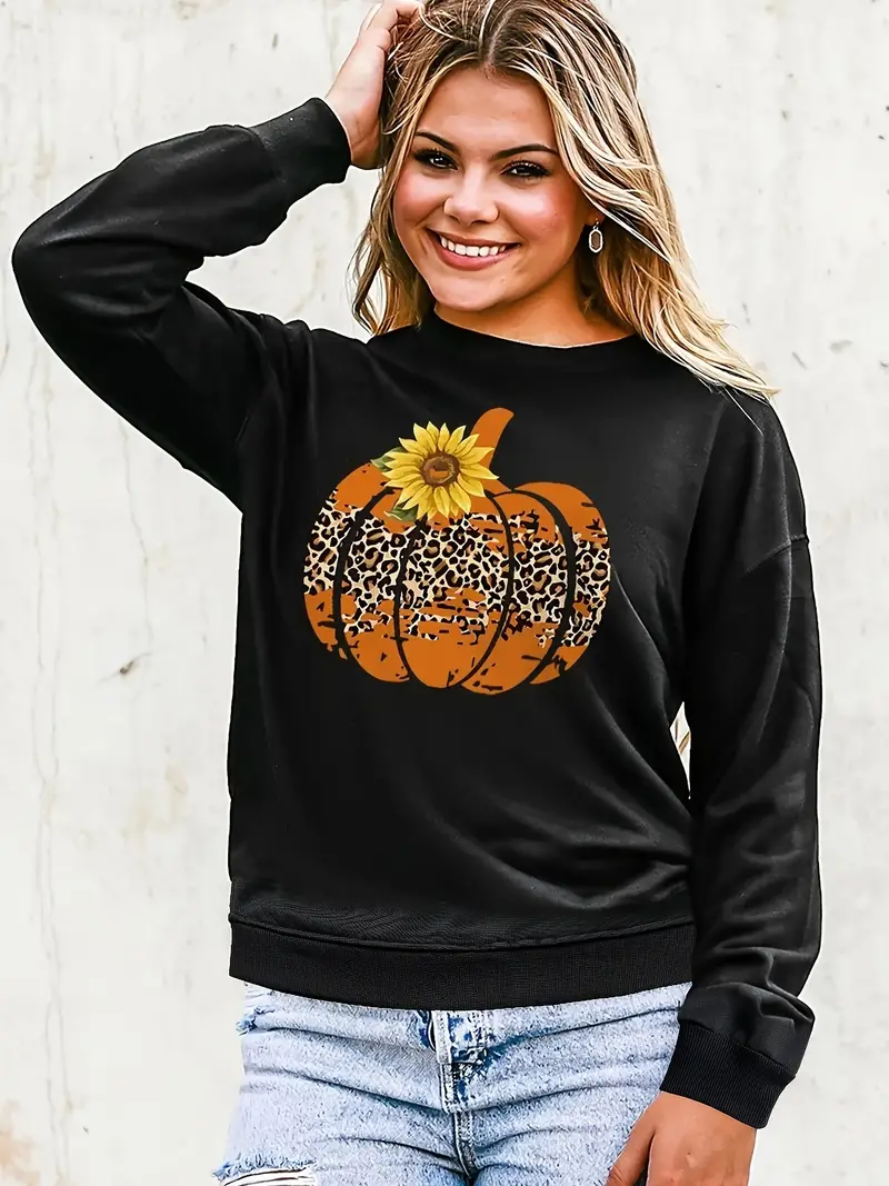 pumpkin sunflower print sweatshirt casual long sleeve crew neck sweatshirt womens clothing details 1