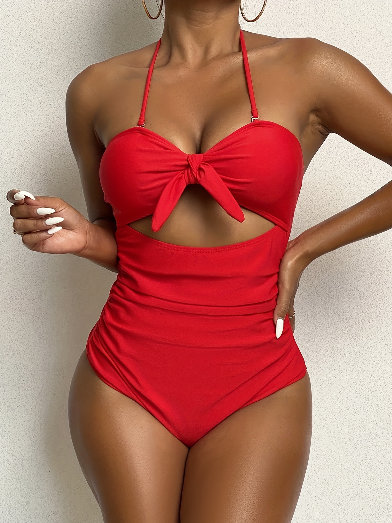 SheIn Women's High Cut Swimsuit Textured V Neck High Waisted Bikini Set  Modest Bathing Suit