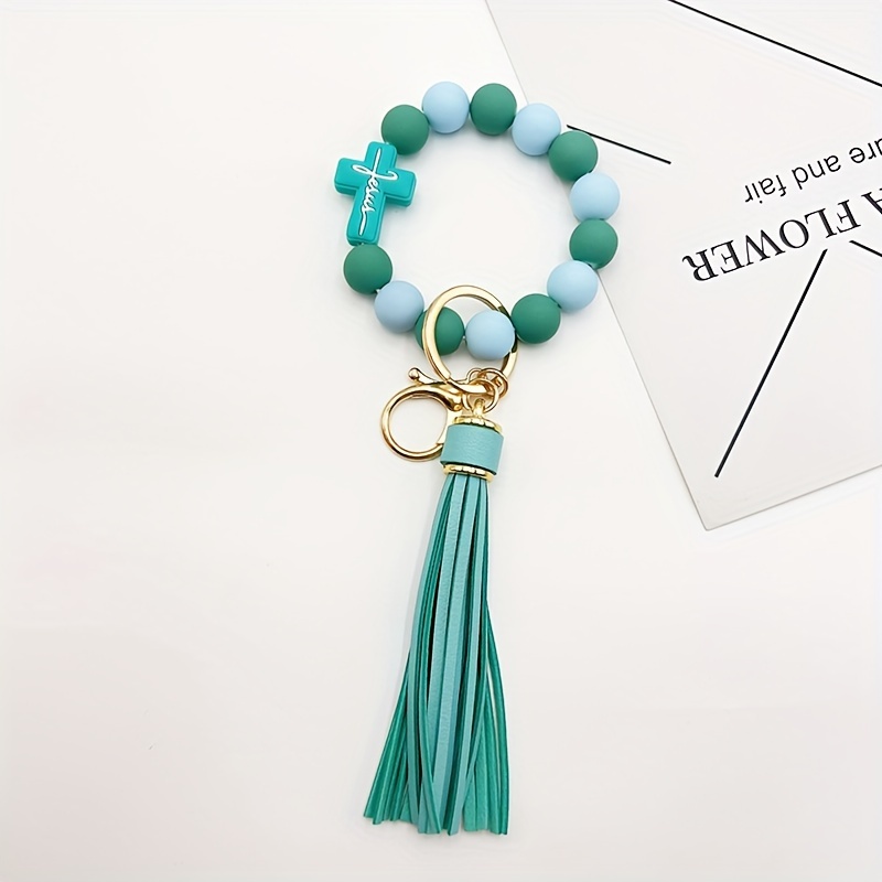 one cross silicone rubber paint round bead bracelet keychain k428 mint green metal silicone bead 11