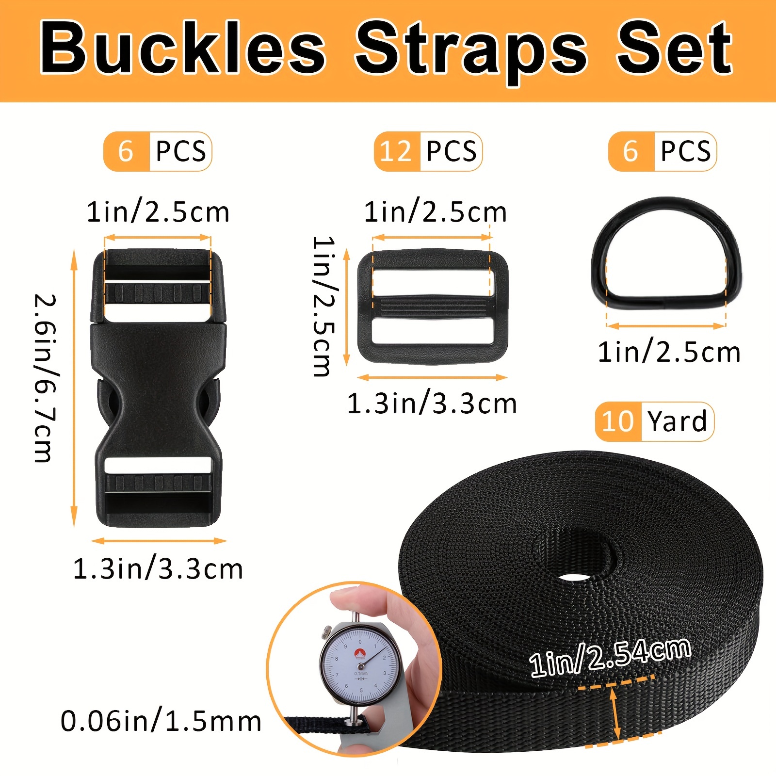 Vtete 2 inch 10 Yards Black Nylon Heavy Webbing Strap + 10 Pcs 2 inch Flat Side Release Buckles, D Rings and Tri-Glide Slides - Plastic Buckles Kit