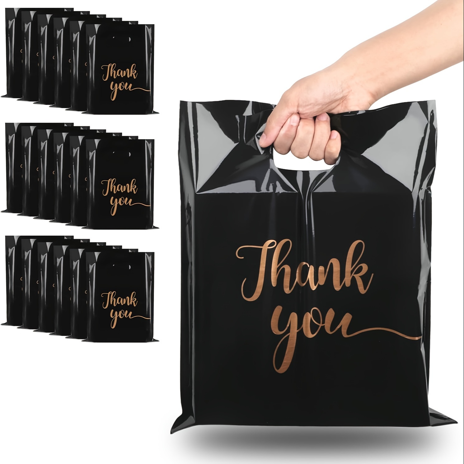 

20pcs Thank You Merchandise Bags Retail Plastic Shopping Bags For Small Business Stores, 12 X 15 Inch Reusable Black Thank You Bags With Handles For Boutiques, Gifts