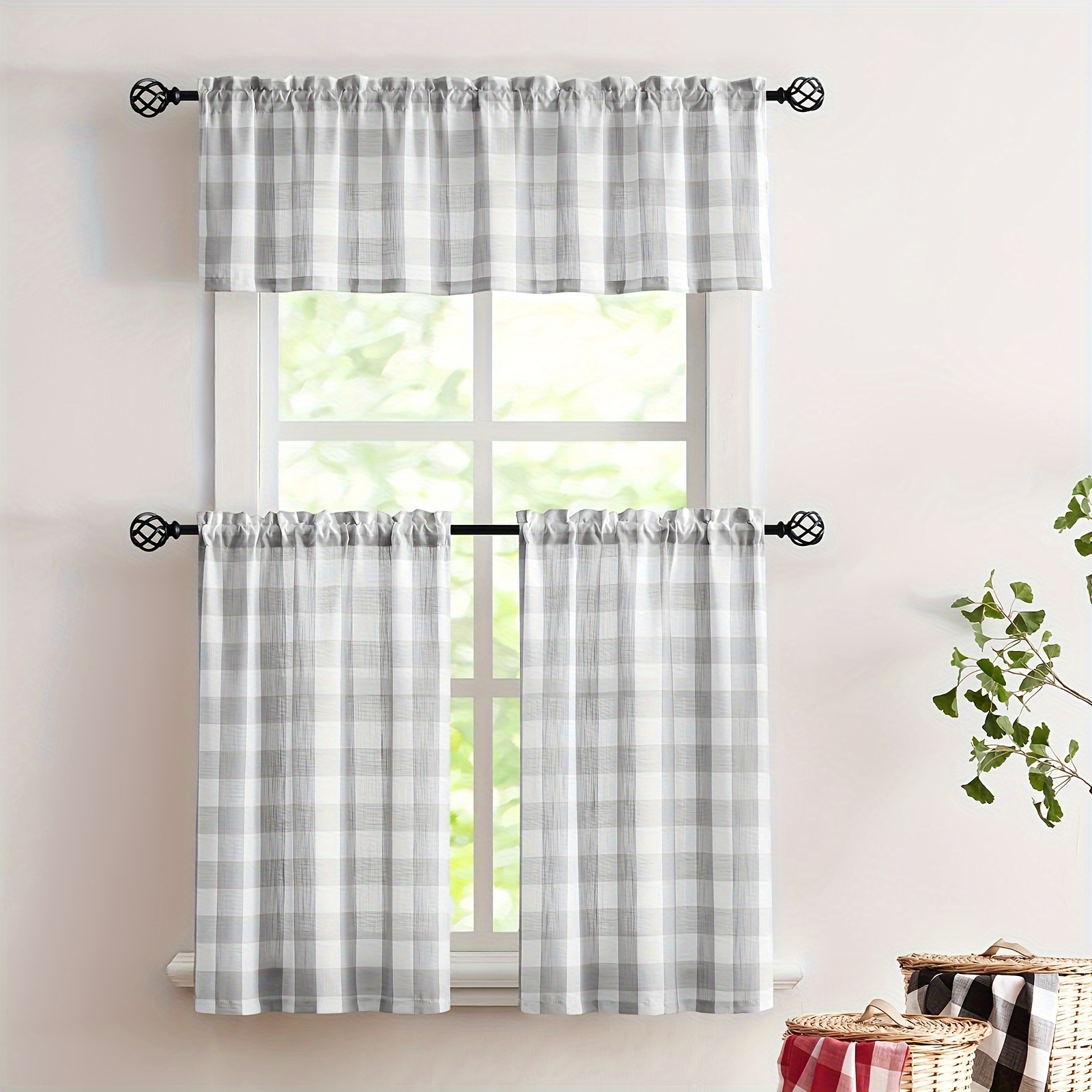 2 Uds Cortinas Cocina Granja Buffalo Plaid Cortinas - Temu