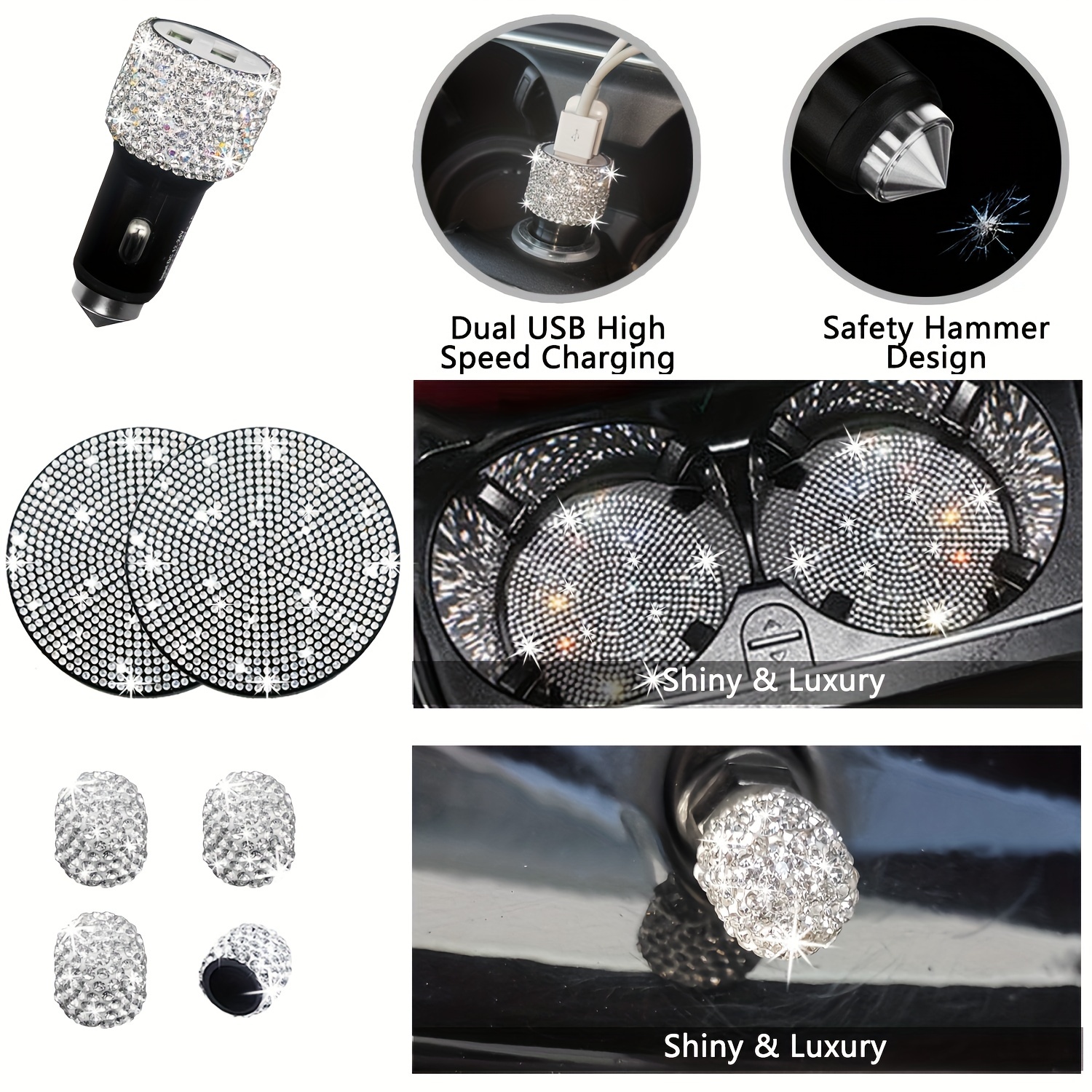 27pcs bling car accessories set for women bling steering wheel covers universal fit 15 inch bling license plate frame phone holder car coasters details 8