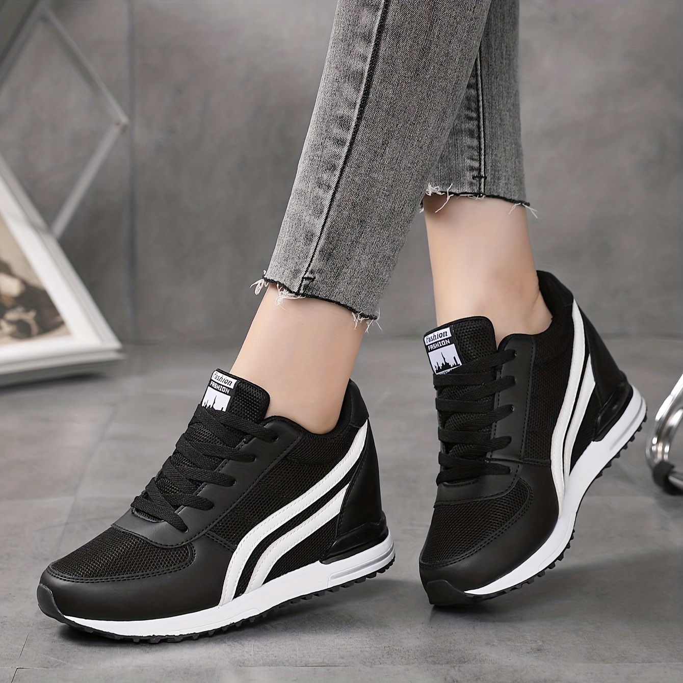  Womens Platform Shoes Hidden Wedge 3 Inches Height Increase,  Canvas Sneakers High Heel White Black Fashion Sneakers for Women and Girls