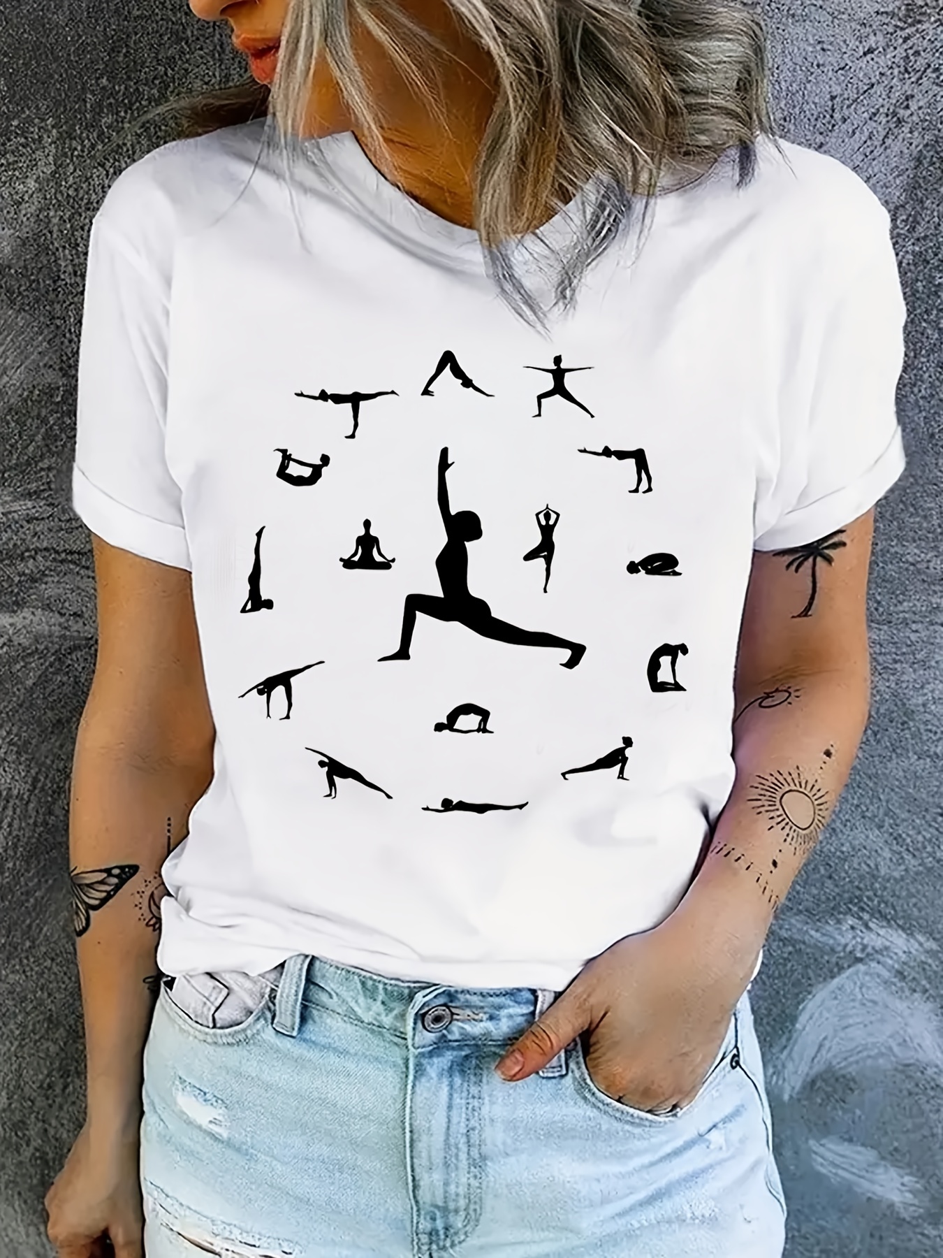 Funny Yoga Posture Print Crew Neck T shirt Casual Short - Temu Canada