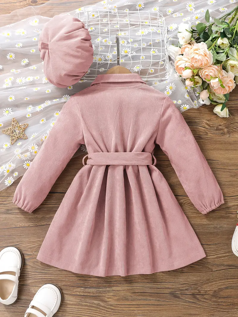 girls casual dress corduroy button front collar neck dresses with belt and hat set trendy kids autumn outfit details 19