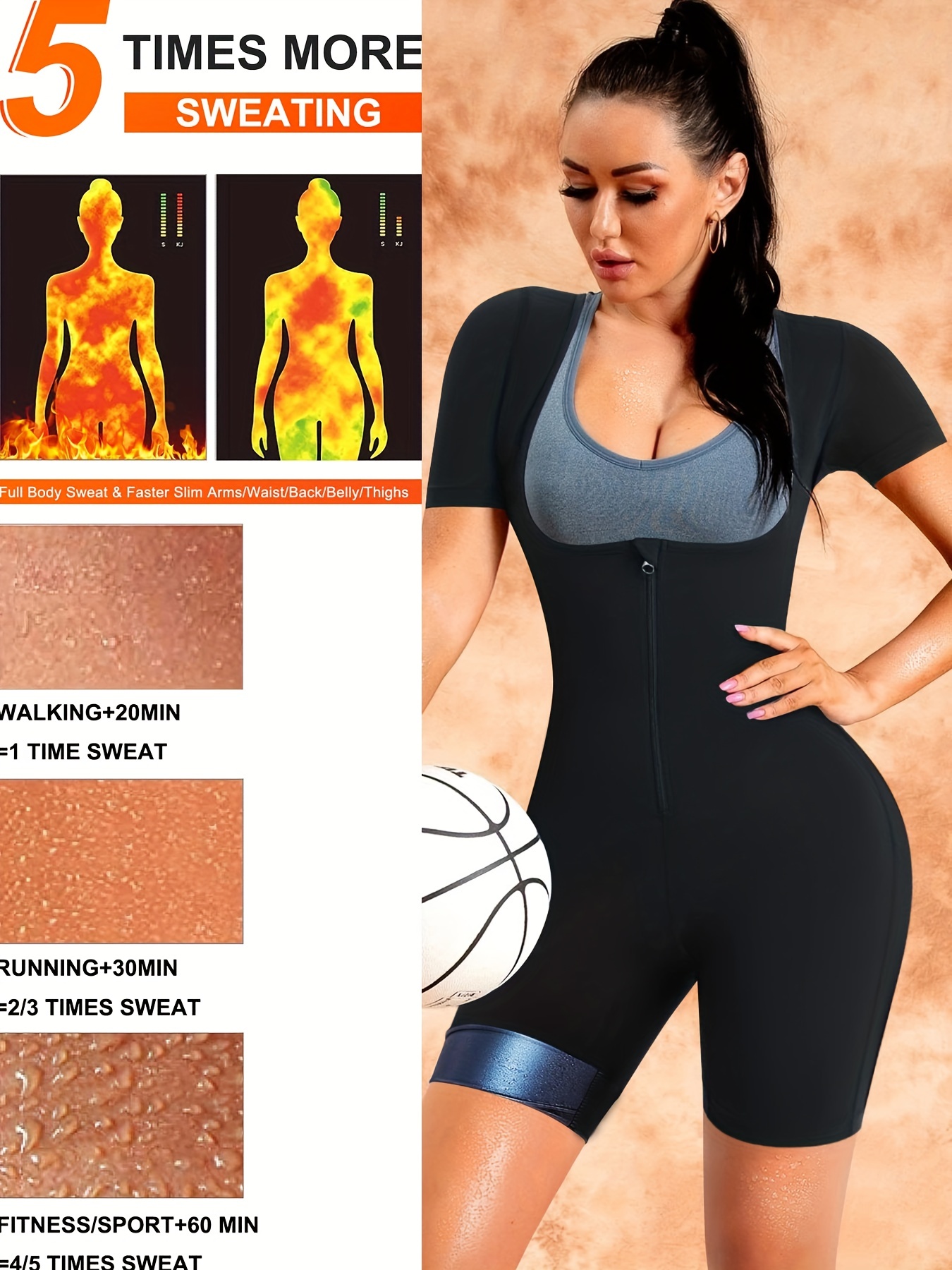 3 In 1 Zipper Full Body Shaper Sweat Sauna Suit For Women, Sweat Slimmer  Workout Top With Sleeve Shorts, Women's Activewear