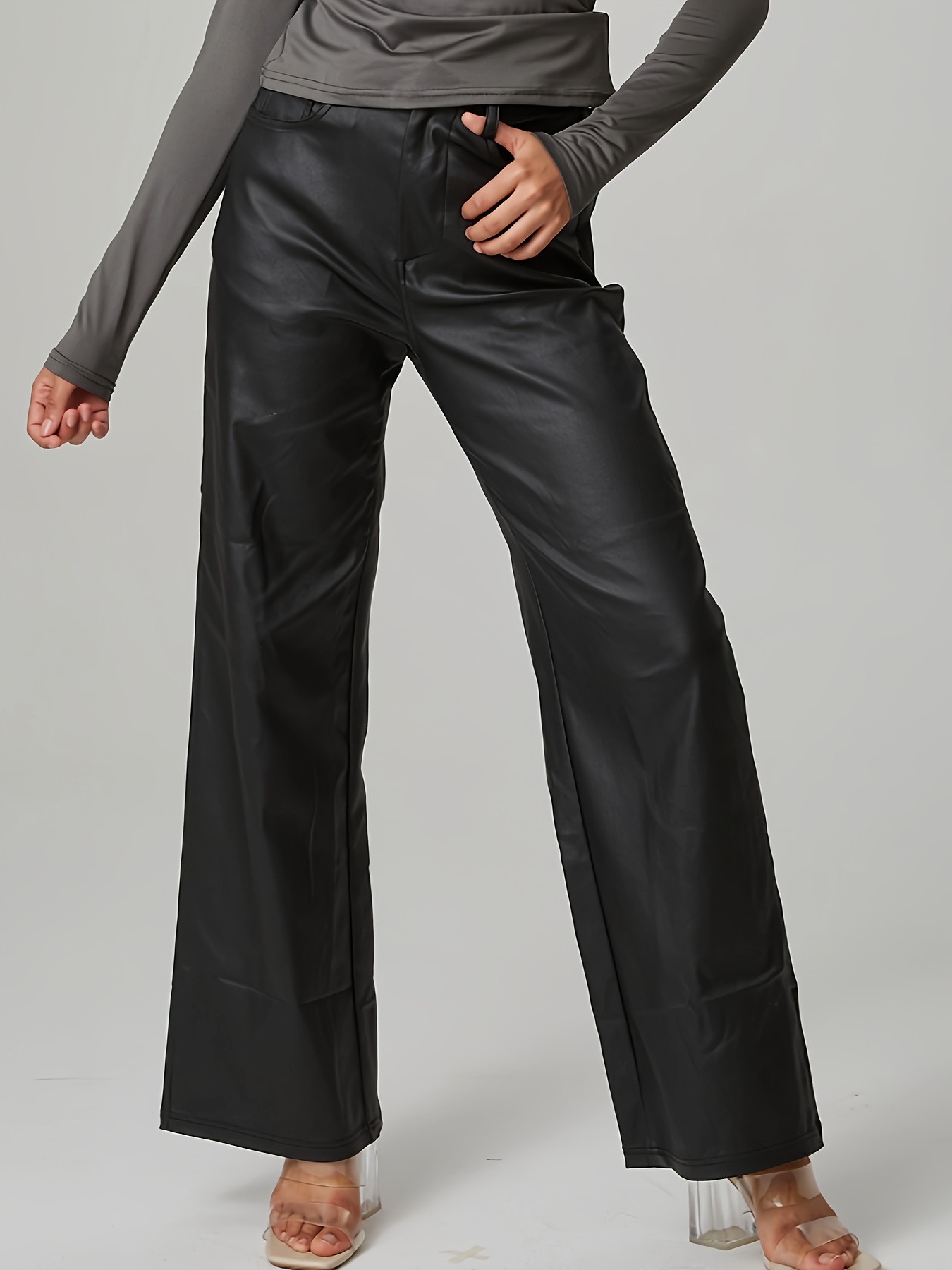 Straight Faux Leather Leggings Pants Y2k Front Zip High - Temu