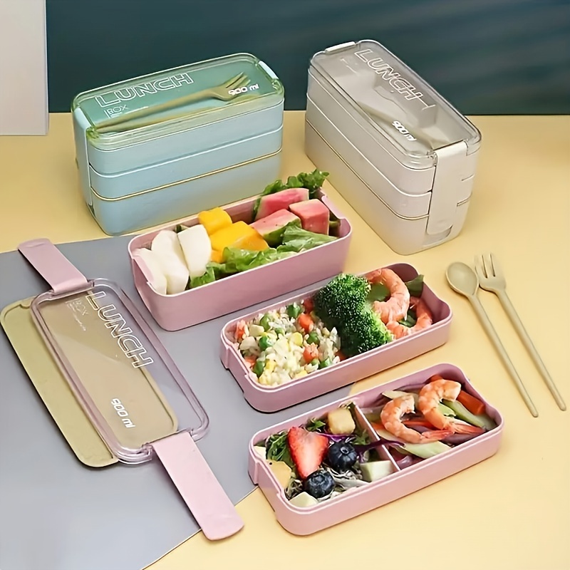 Contenedores de almuerzo para niños y adultos, caja Bento con cuchara y  tenedor, cajas reutilizables de 3 compartimentos divididos para  almacenamiento