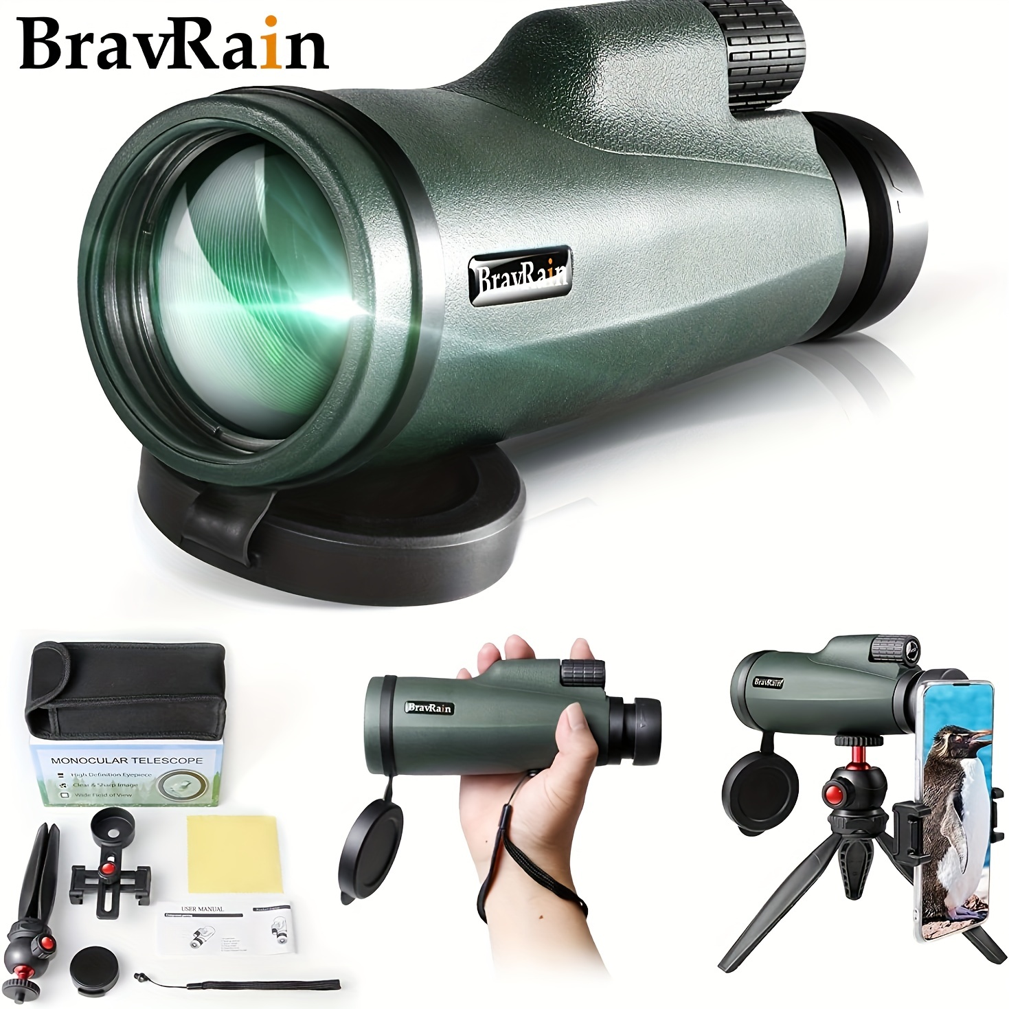  Telescopio monocular HD de 12 x 50 con adaptador para teléfono  inteligente, telescopio minocular impermeable 40x, prisma de potencia,  monoculares compactos para adultos y niños, adecuado para observación de  aves, caza