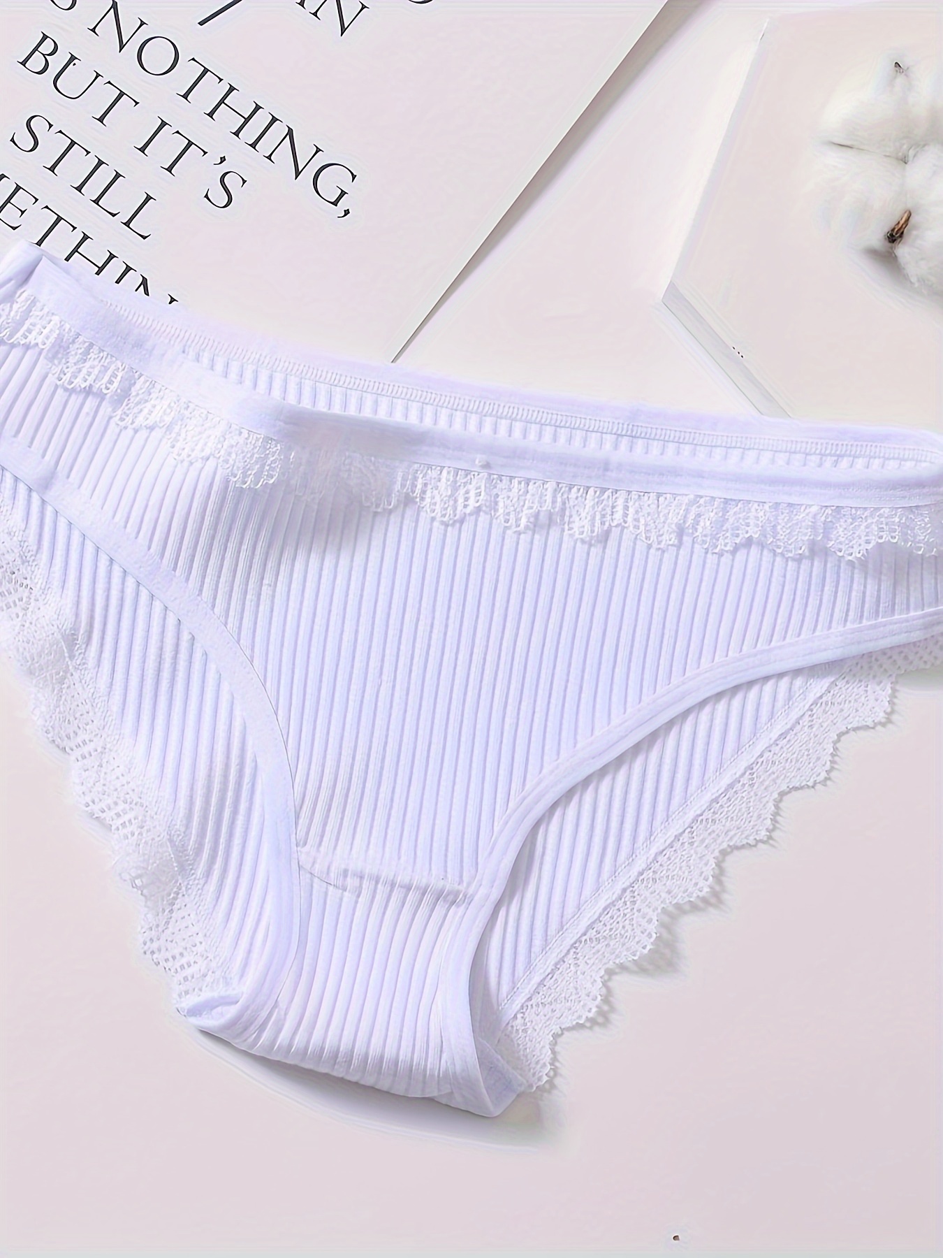 Lace Trim Ribbed Briefs Comfy Breathable Intimates Panties - Temu Canada