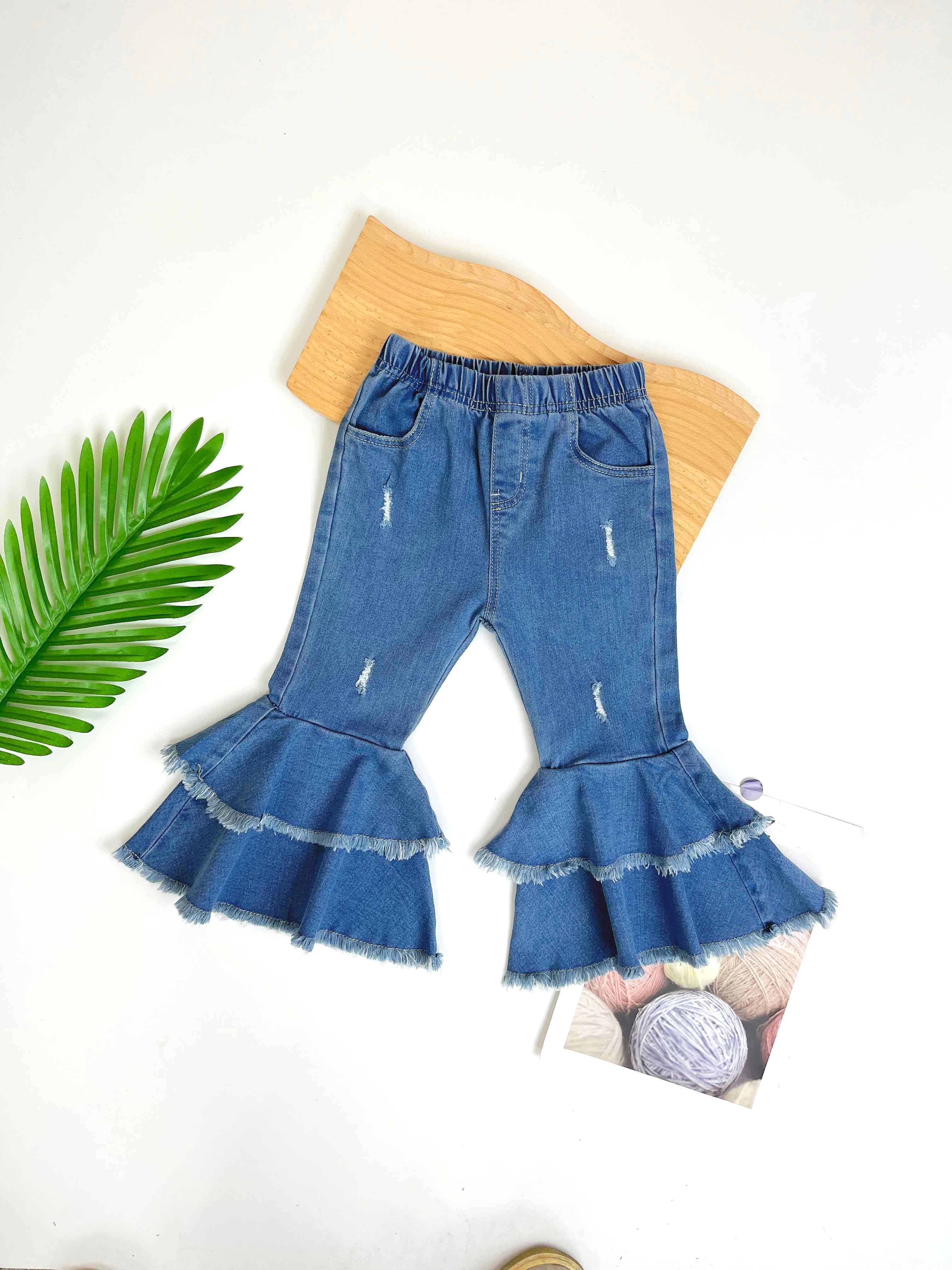 Kids Girls Ripped Bell Bottom Jeans Toddler Solid Color Flared Pants 16  Years Ruffle Denim Pants