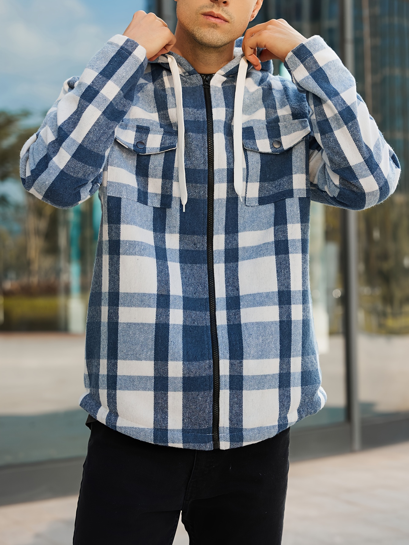 Plaid Shirt Coat For Men Long Sleeve Hoodie Casual Regular Fit Button Up  Hooded Shirts Jacket