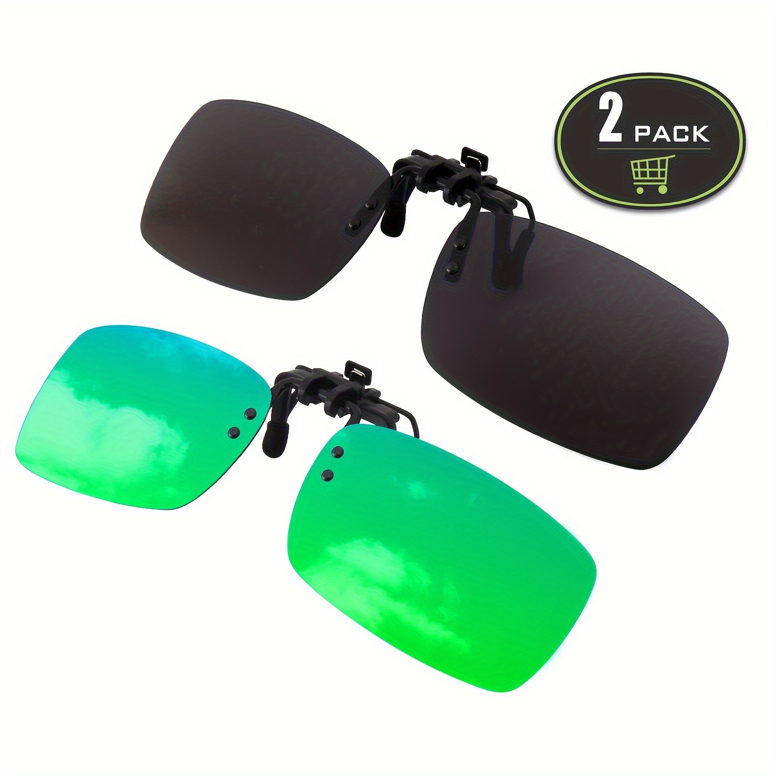 2pcs Trendy Cool Clip On Rectangle Sunglasses, Polarized Driving Fishing Sunglasses Lens, with Cloth and Pouch, for Men Women Outdoor Sports Party