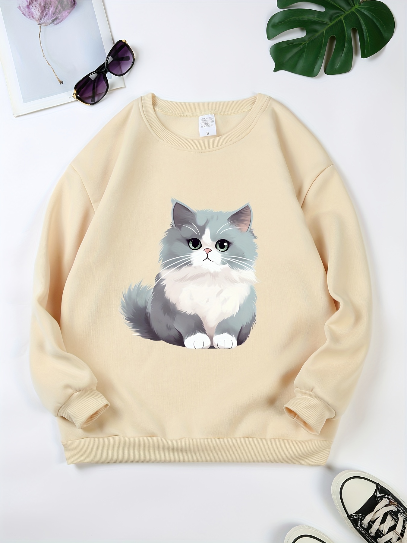 Felpa Fodera In Pile Stampa Gatto Kawaii Felpa Pullover A - Temu Italy