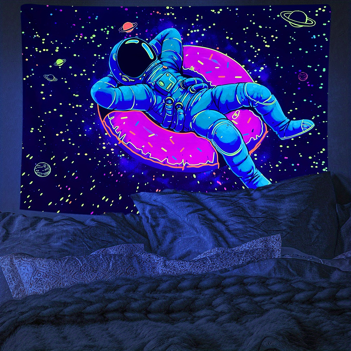 Fluorescent Astronaut Donut Tapestry Wall Hanging Peach Skin Velvet UV Light