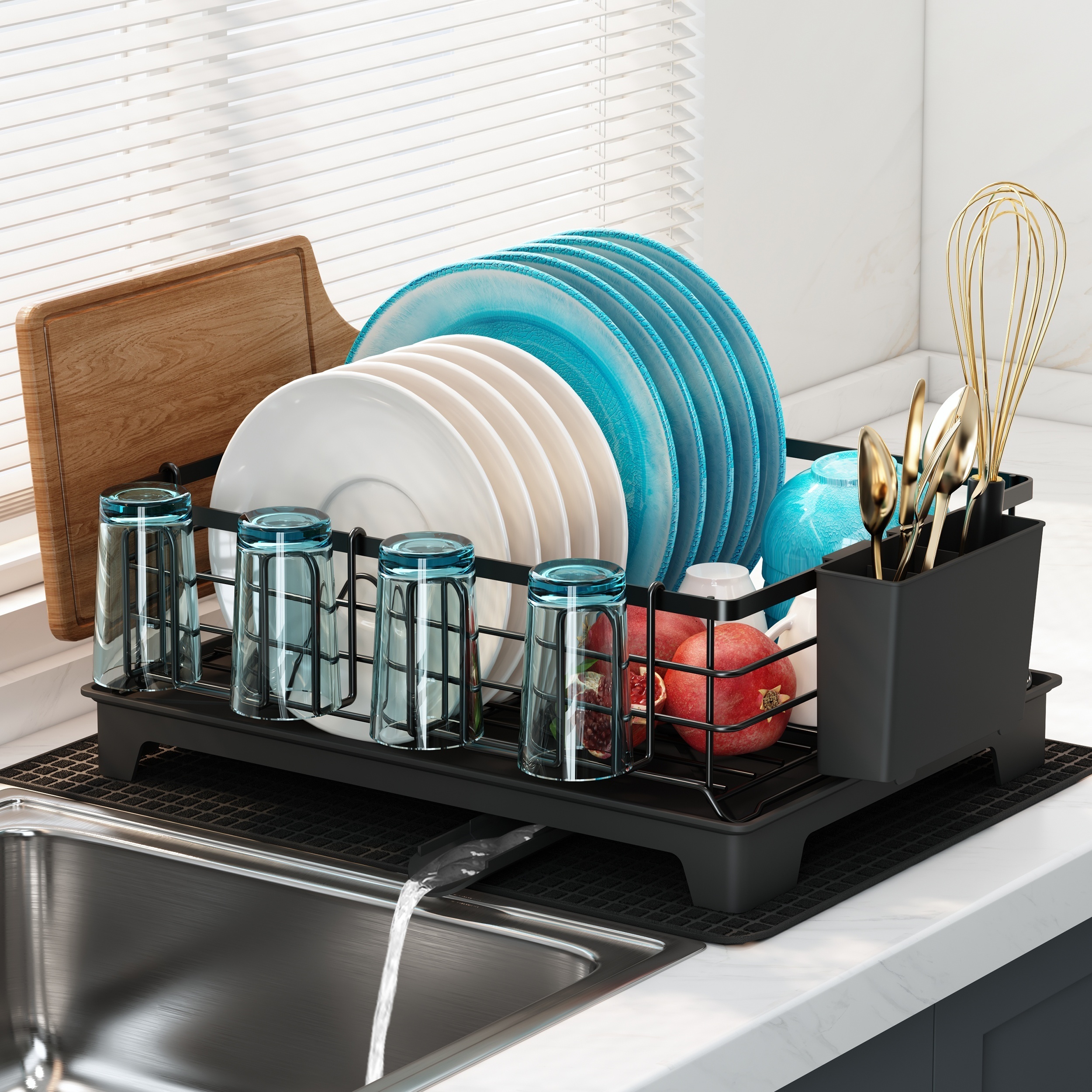 Dish Drying Rack and Drainboard Set, 2 Tier Large Dish Rack with Swivel  Spout, Stainless Steel Dish Drainer for Kitchen Counter with Wine Glass  Holder and Extra Drying Mat