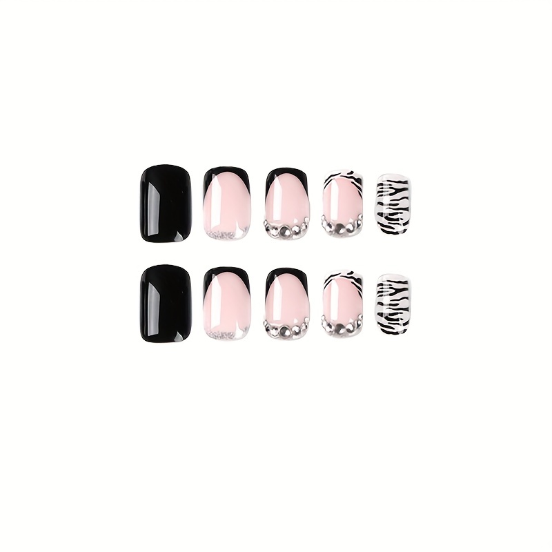 French Tip Press Nails Court Carr Faux Ongles Noir Blanc Temu