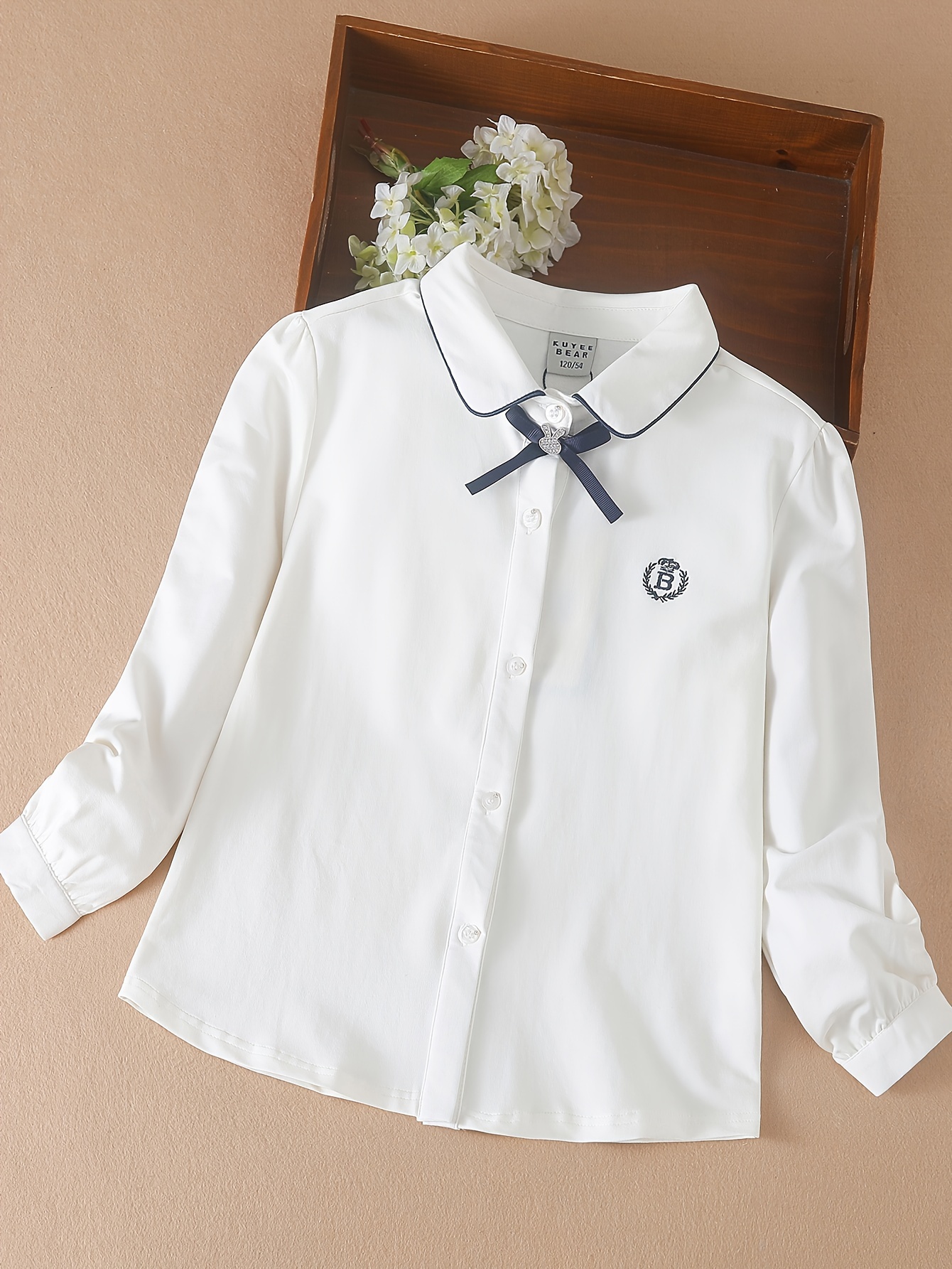 Kid Girl Stripe Bowknot Design Hollow out Lapel Collar Button Design Long-sleeve Shirt
