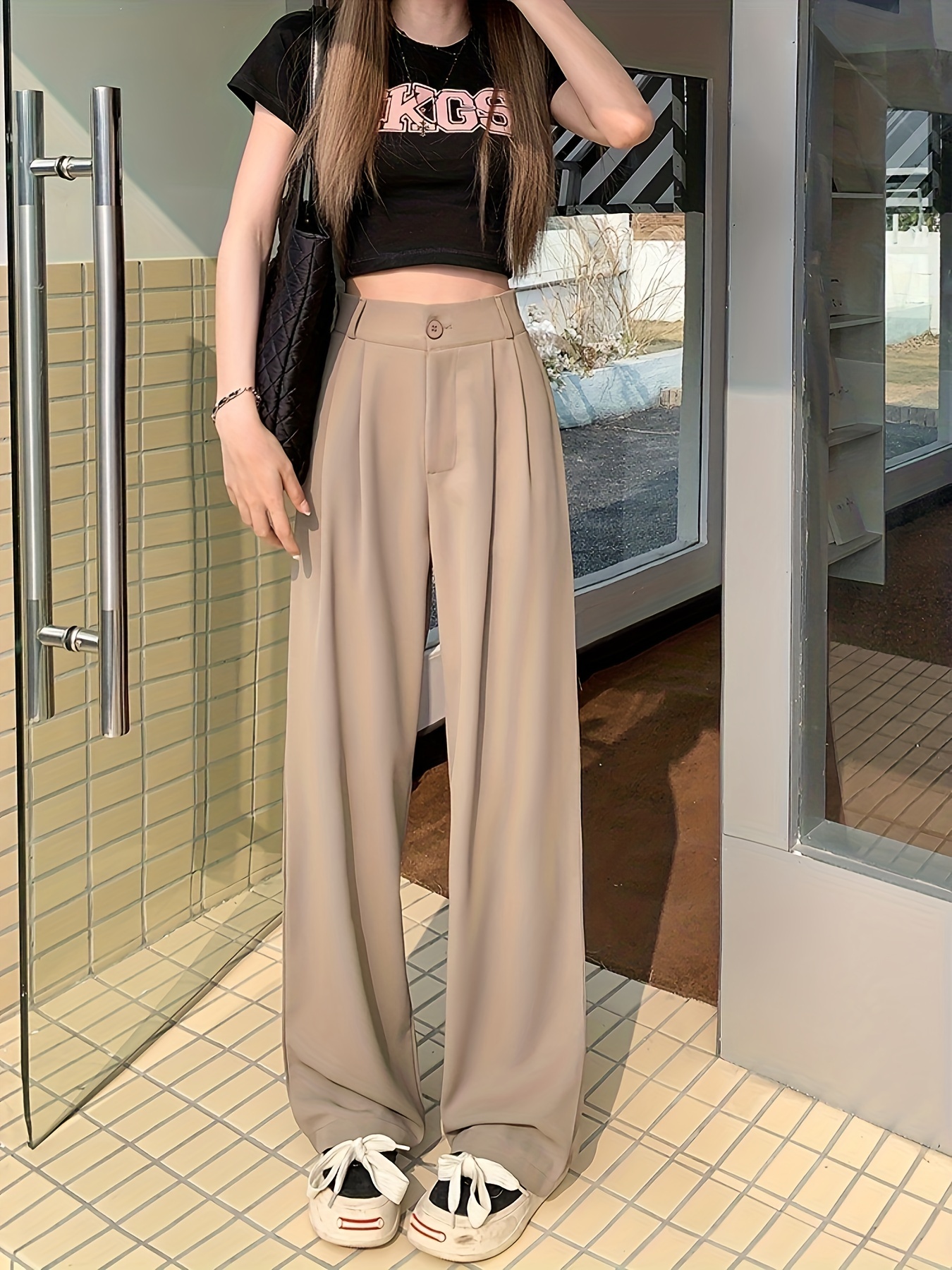 Solid High Waist Draped Long Length Pants Casual Loose - Temu Canada