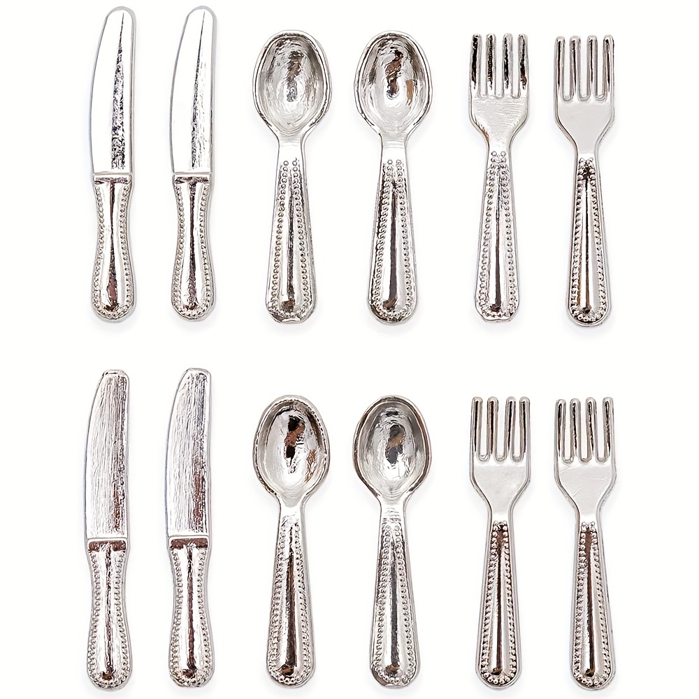

12pcs, Miniature Silverware Collection Set Of 4 Place Settings Knife Fork Spoon Dollhouse Kitchen Supplies Creative Miniature Tableware Model