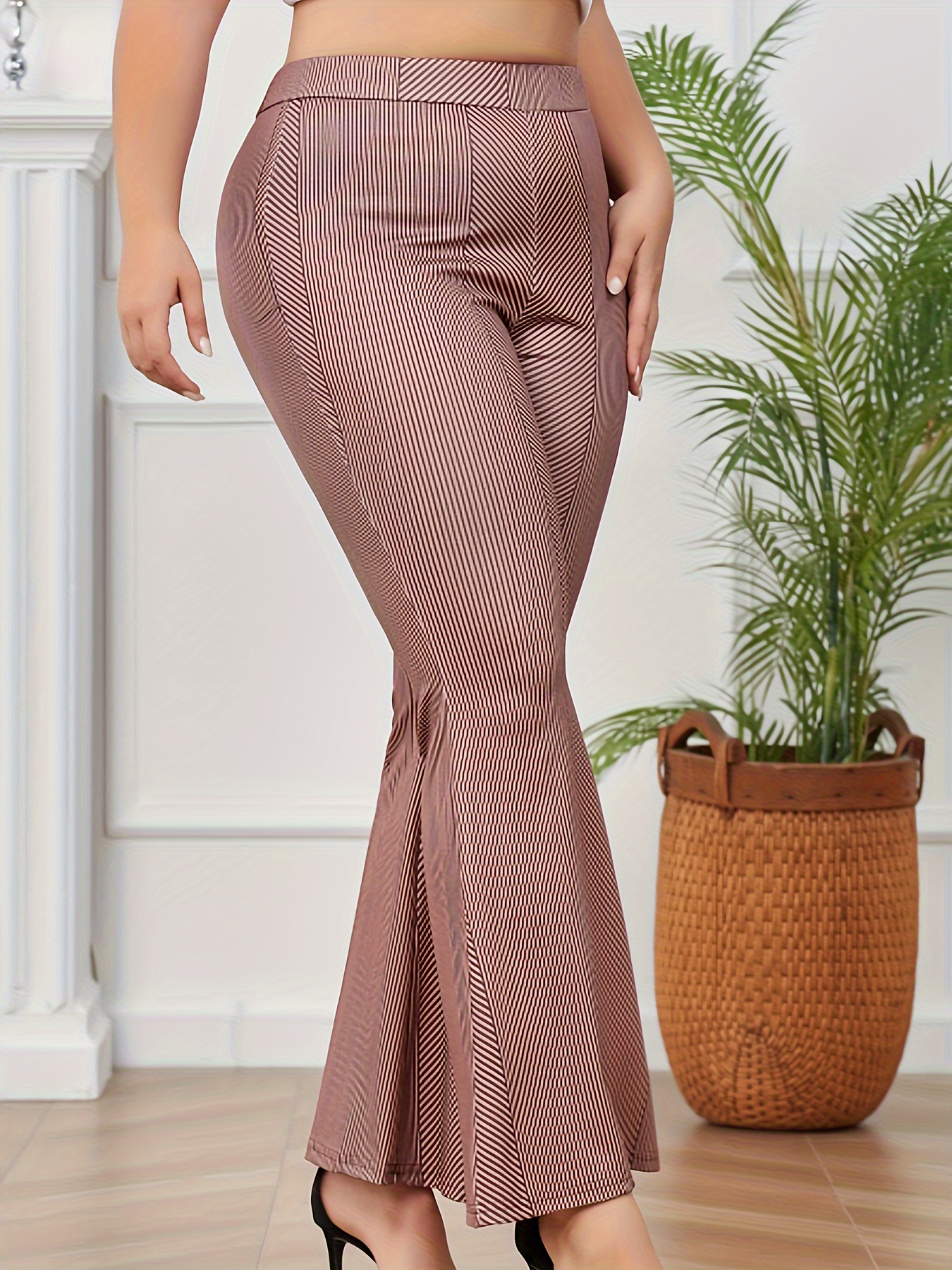 plus size casual pants womens plus stripe print high rise slight stretch flared leg trousers details 0