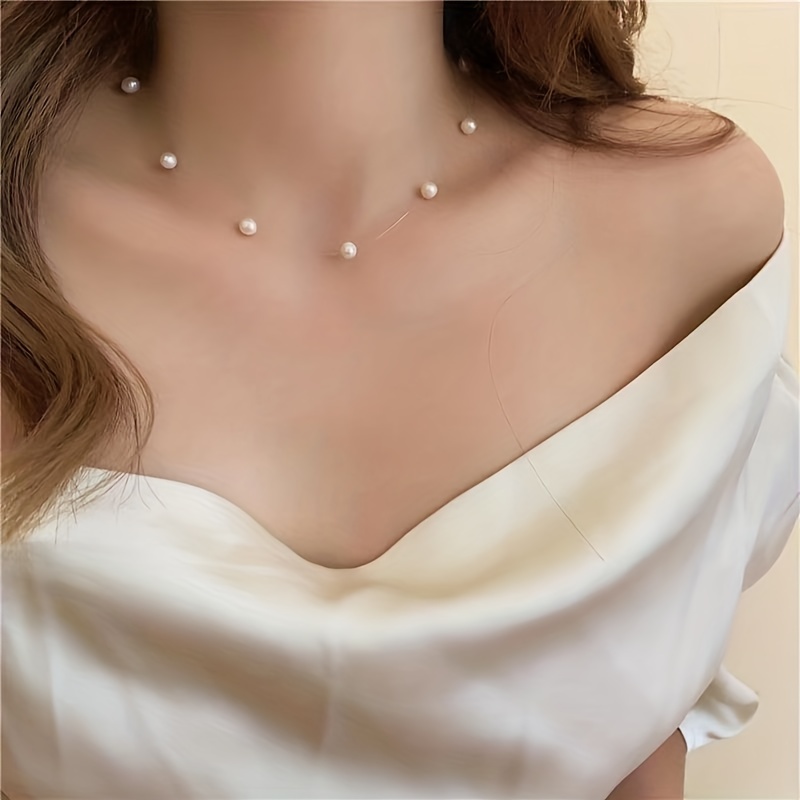 Simple Style Invisible Fishing Line Imitation Pearl Necklace Minimalist Style Neck Jewelry Gift,Women's Jewelry,Temu