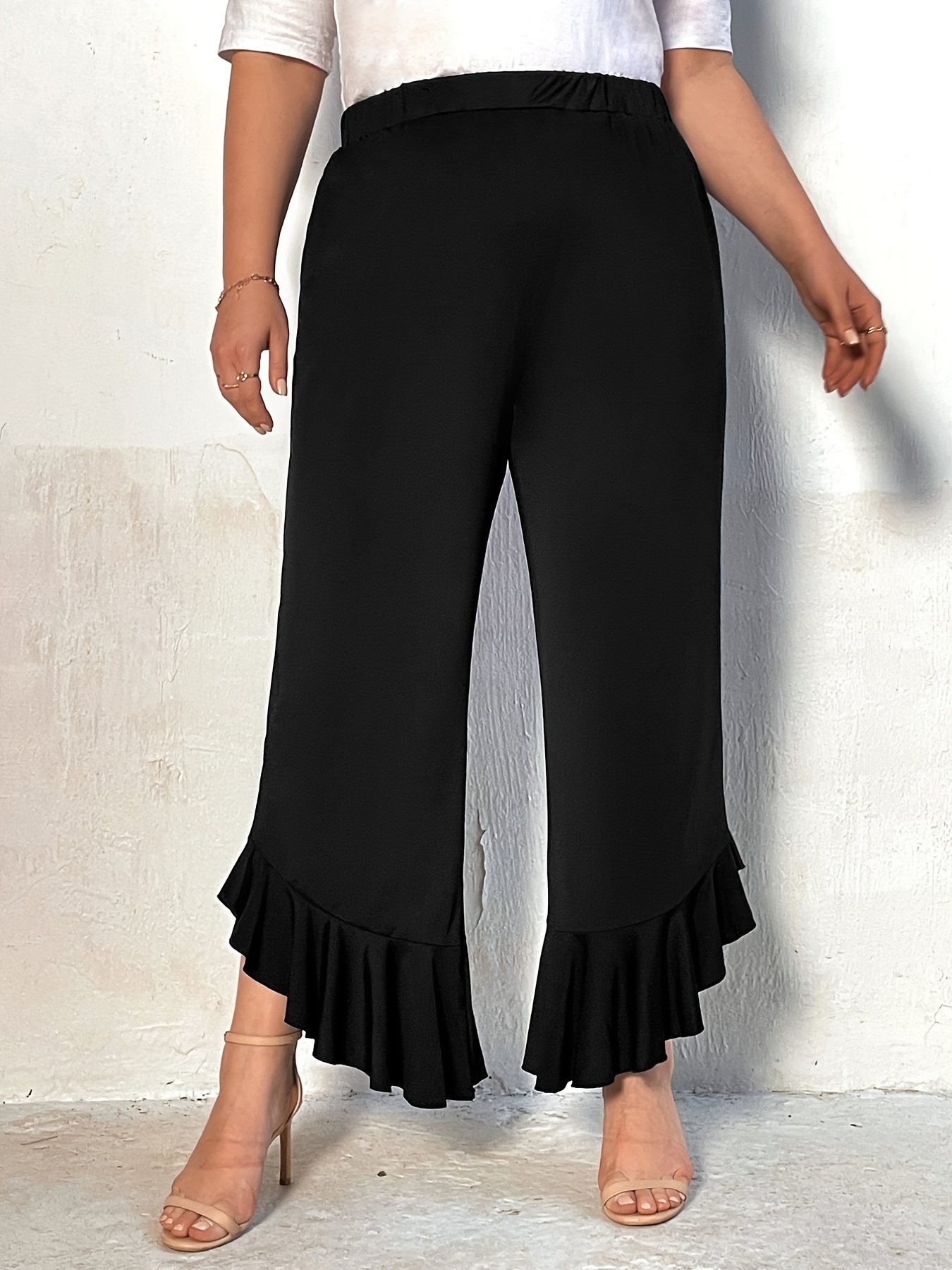 Plus Size Casual Pants, Women's Plus Solid Elastic High Rise High