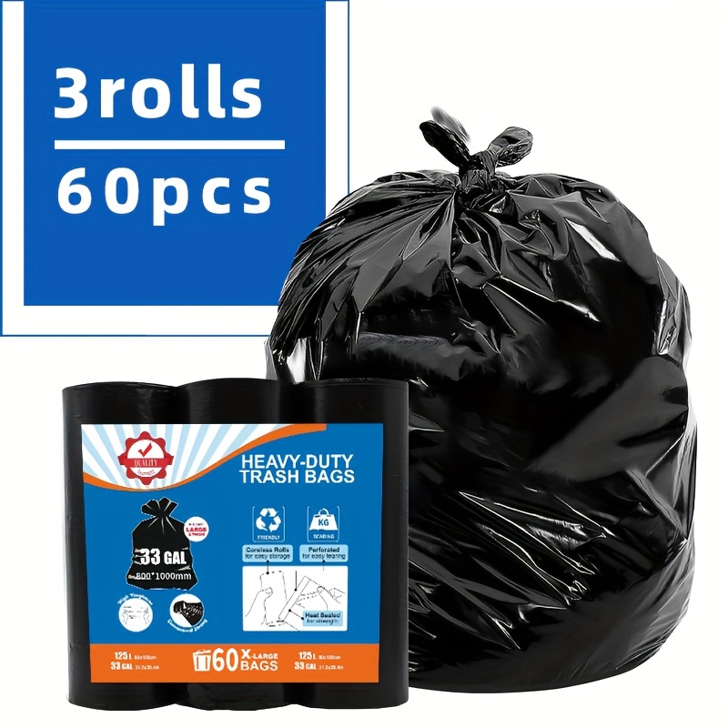 60pcs Heavy Duty Trash Bags 33 Gallon Large Garbage Rubbish Bags Black Home