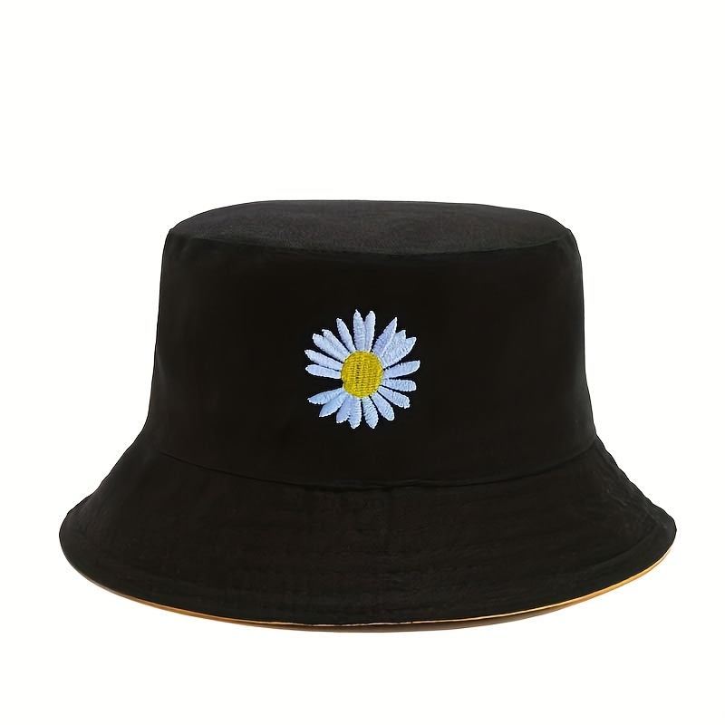 Daisy Flower Embroidery Bucket Hat Reversible Sunscreen Beach Cap Women