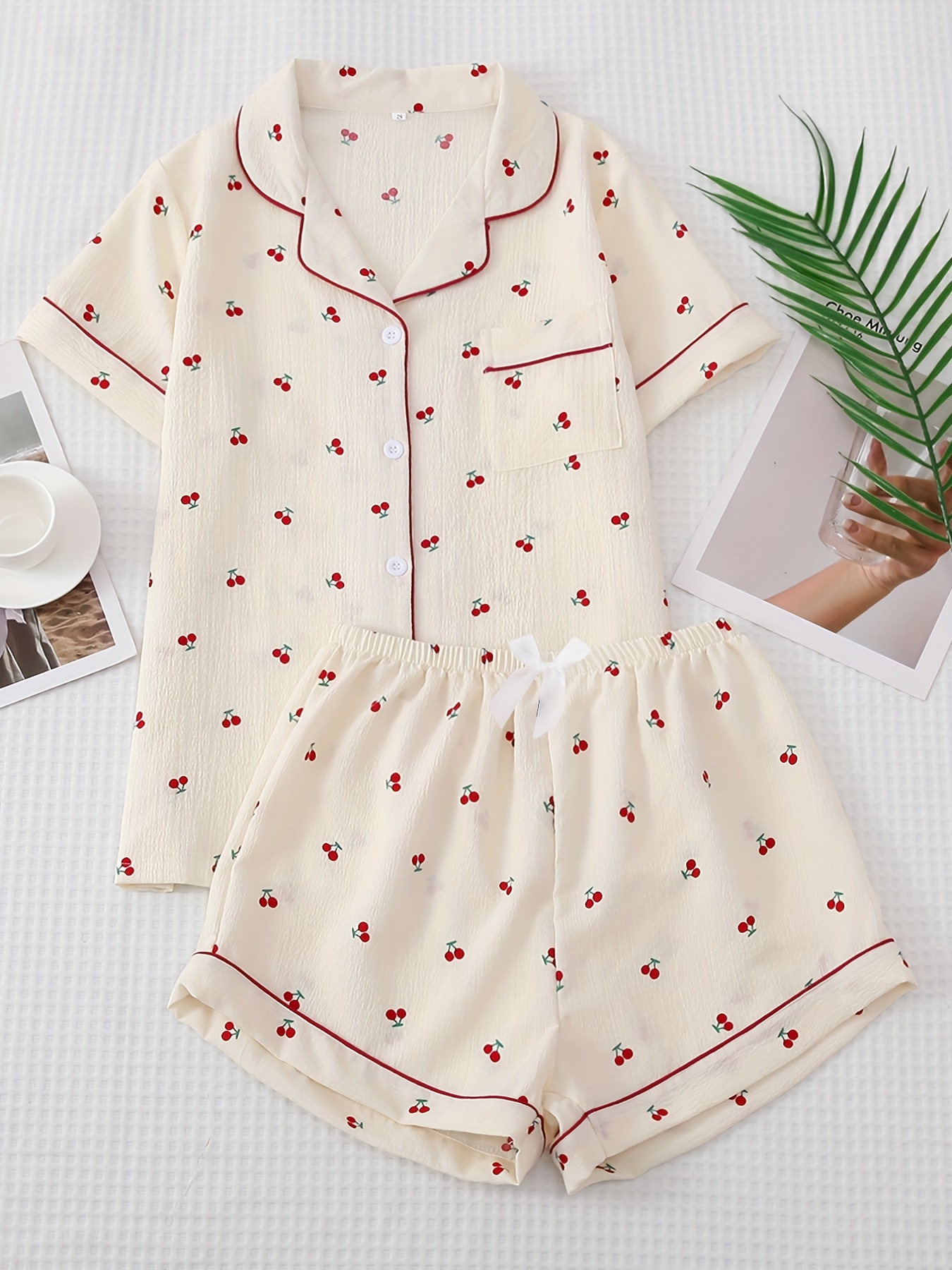 Cherry Print Pajama Set Sweet Cute Lapel Buttons Top Bow - Temu Canada