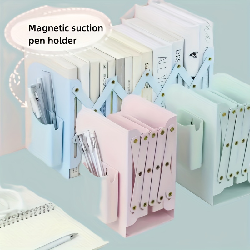 Estantes de soporte para libros, estantería ajustable para sujetalibros  retráctil con soporte para bolígrafos, organizador de escritorio, topes  para libros y carpetas