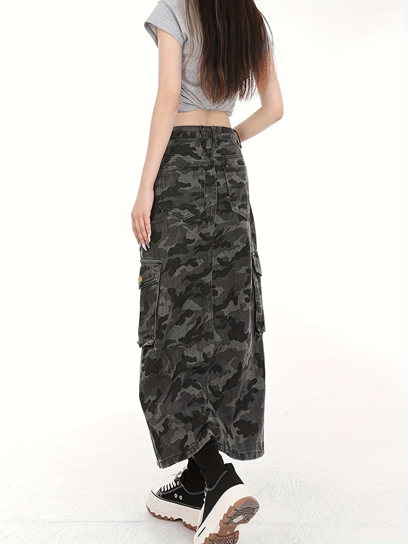 Camo denim outlet midi skirt