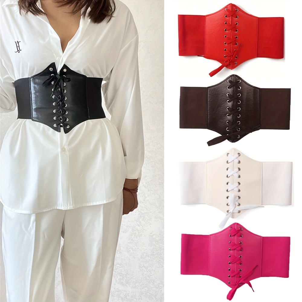 Lady Women Waist Cincher Corset Wide Waistband Leather Elastic Tied Waspie  Belt