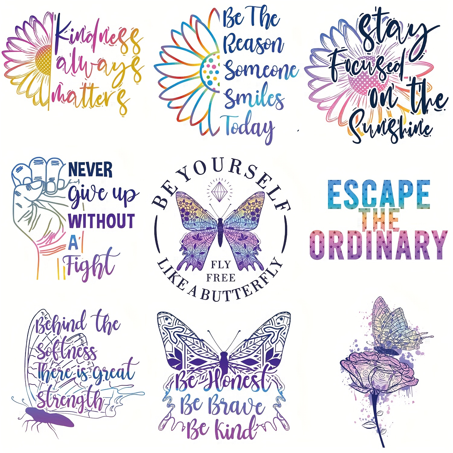 

9pcs Pocket Size Motivational Quotes Patches Diy Clothing Decoration Kindness Iron-on Heat Transfer Stickers Best Wishes Heat Press Appliqued Stickers Decor T-shirt Decals