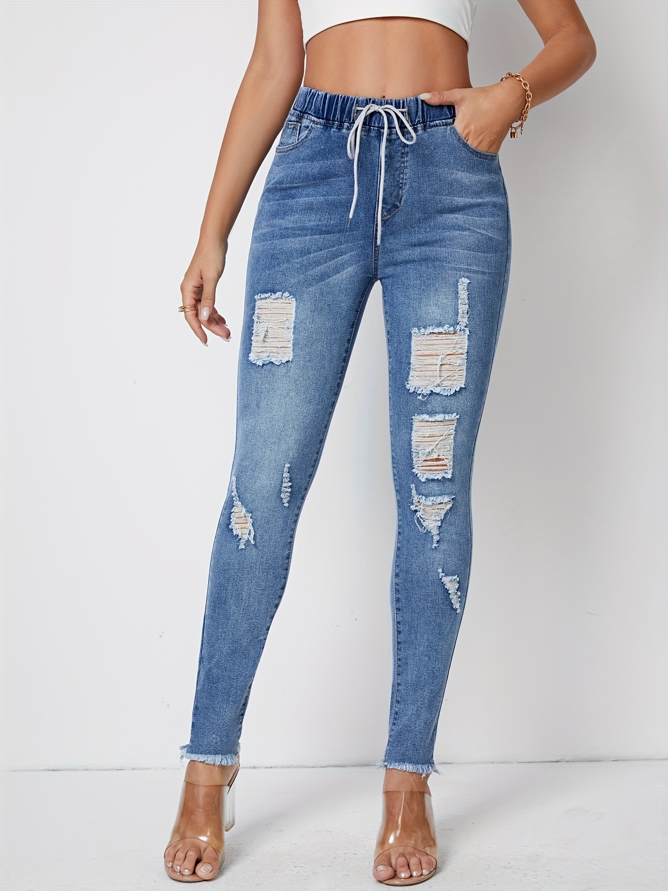 Drawstring Waistband Side Button Skinny Cropped Jeans Washed