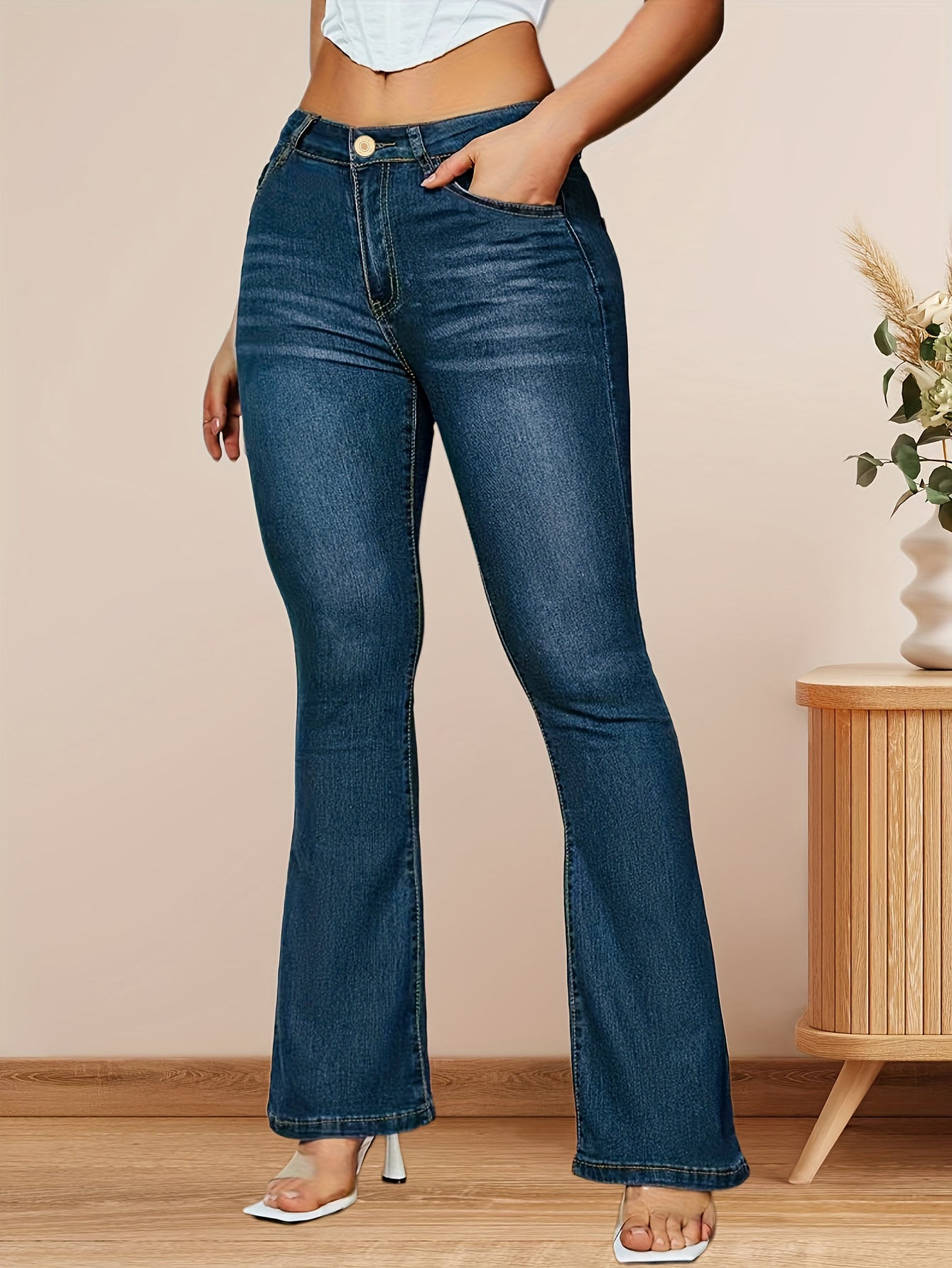 Blue High Stretch Flare Jeans Slim Fit Slant Pockets - Temu Canada