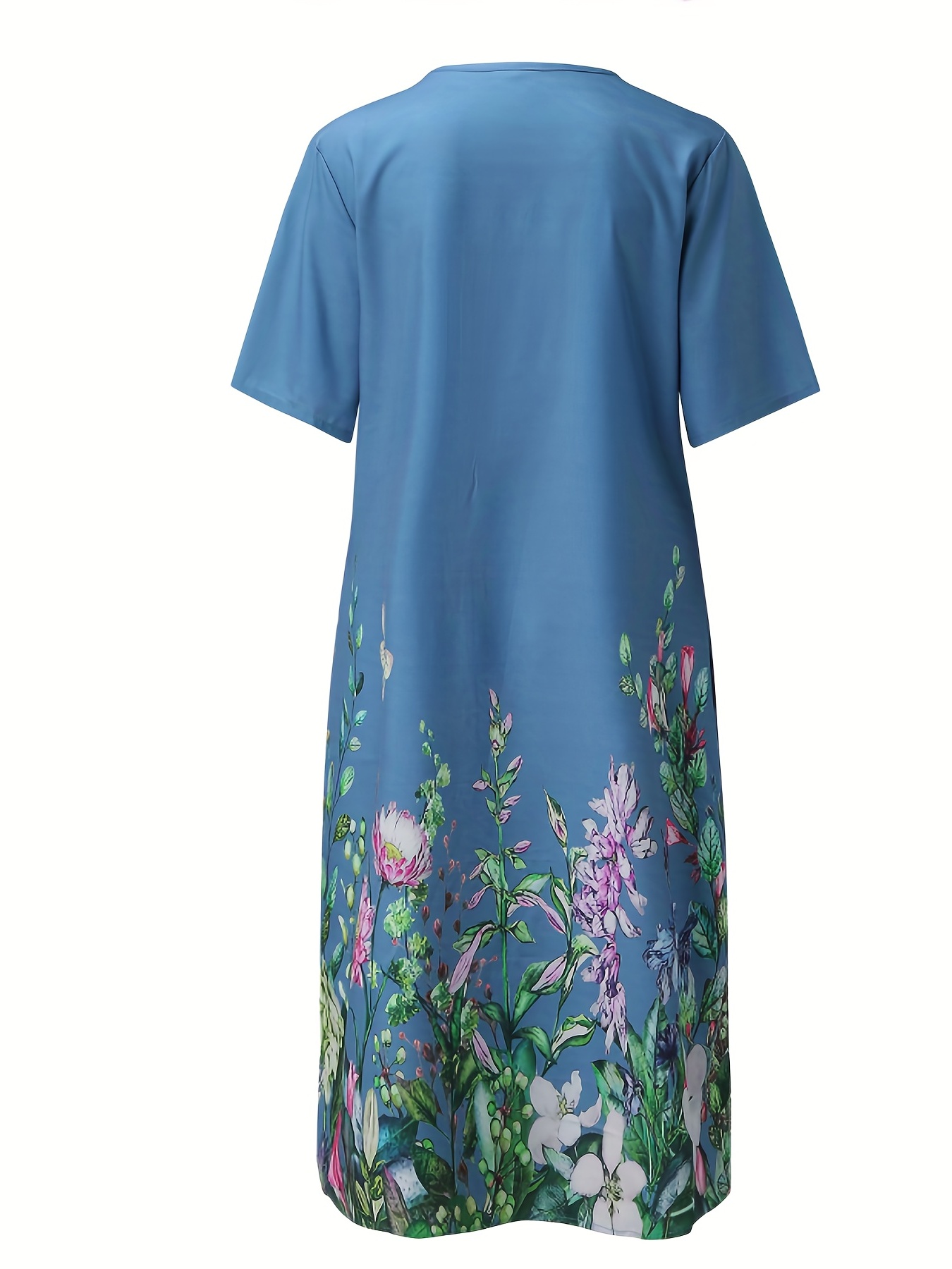 Rochie plisată în față cu imprimeu floral, rochie casual cu mânecă scurtă cu două buzunare, îmbrăcăminte pentru femei