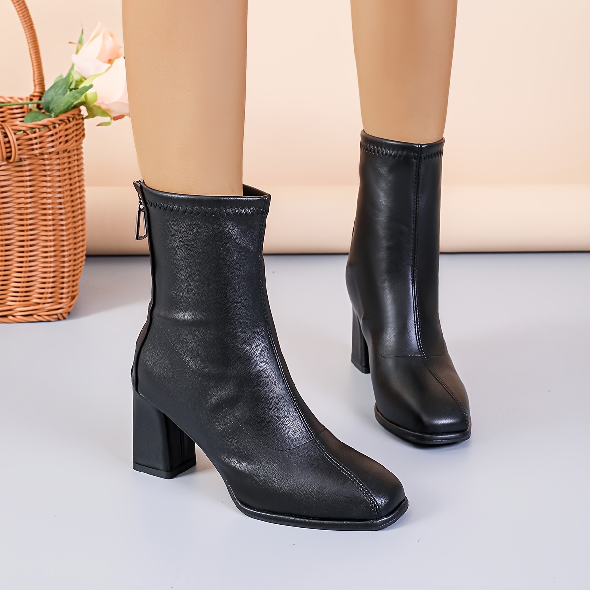 Women's Chunky Heeled Short Boots, Square Toe Back Zipper Stretch Booties,  All-Match Solid Color Ankle Boots