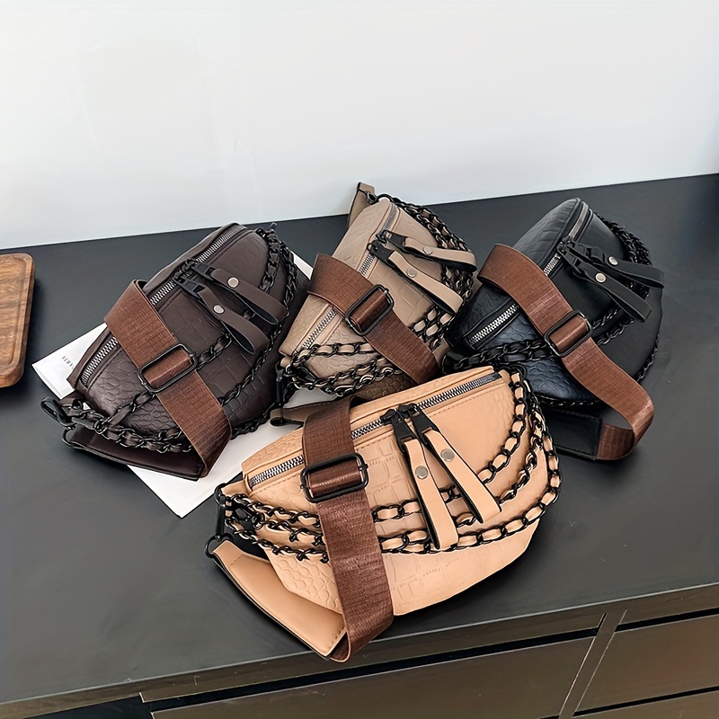  Thick Chain Women's Fanny Pack Plaid leather Waist Bag  Shoulder Crossbody Chest Bags Luxury Designer Handbags Female Belt Bag  (Brown)