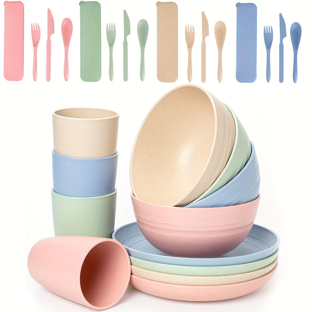 Wheat Straw Dinnerware Sets, Plastic Plates And Bowls Sets College Dorm Room  Essentials Dishes Set With Cutlery Set Microwave Safe - Temu